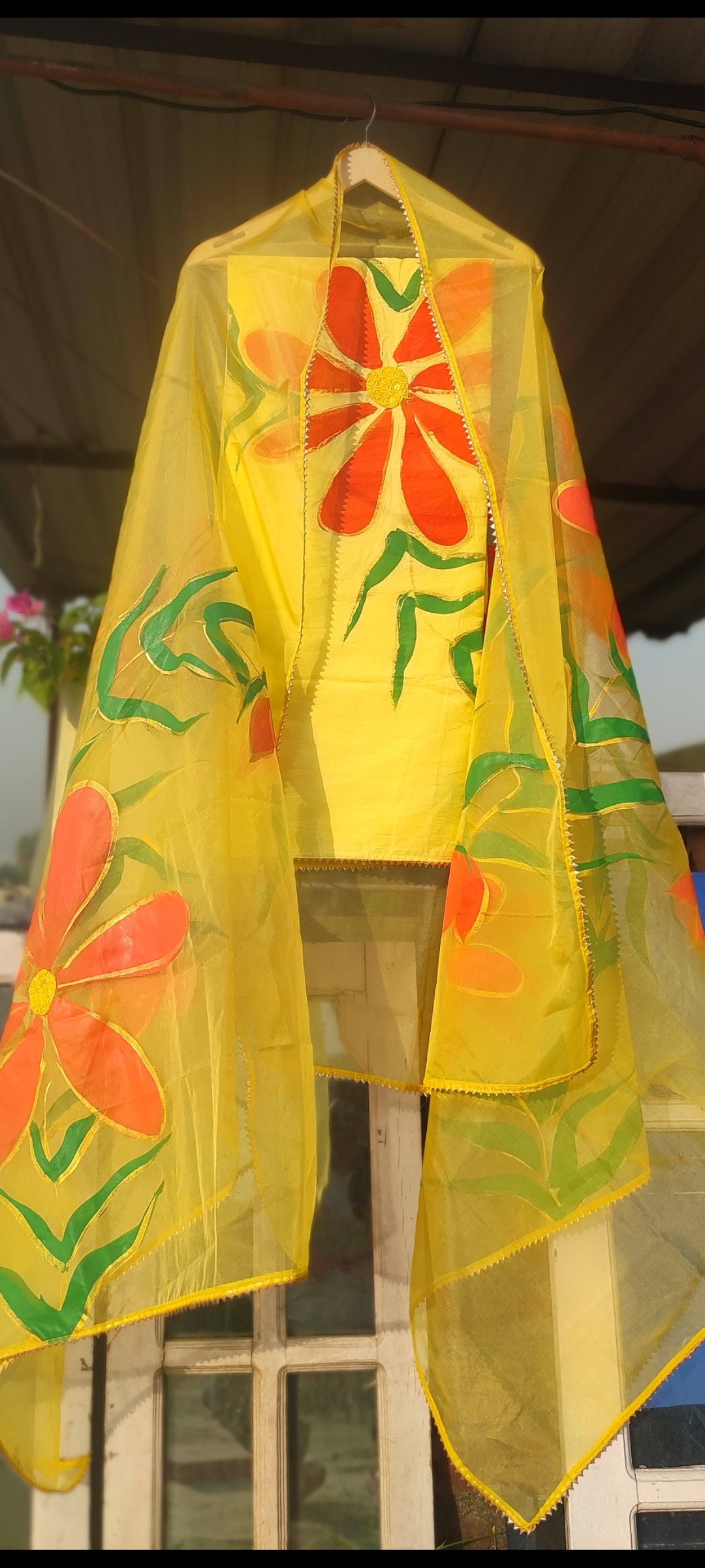Hand-painted  cotton suit with organza  floral dupatta
