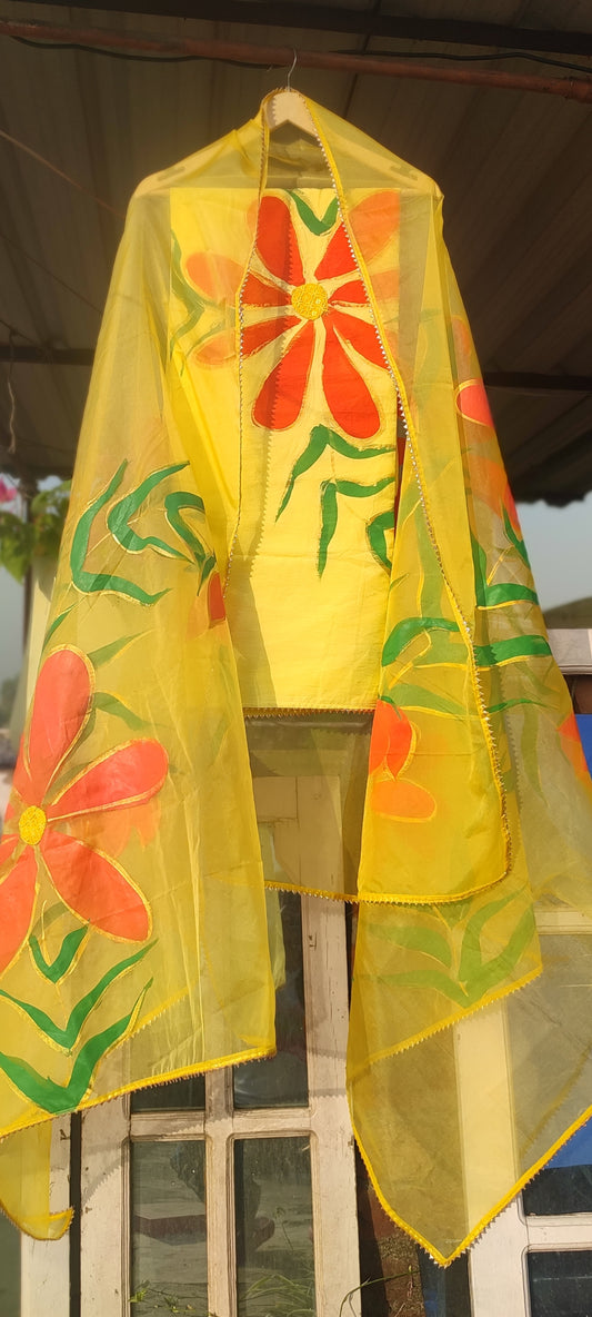 Hand-painted  cotton suit with organza  floral dupatta