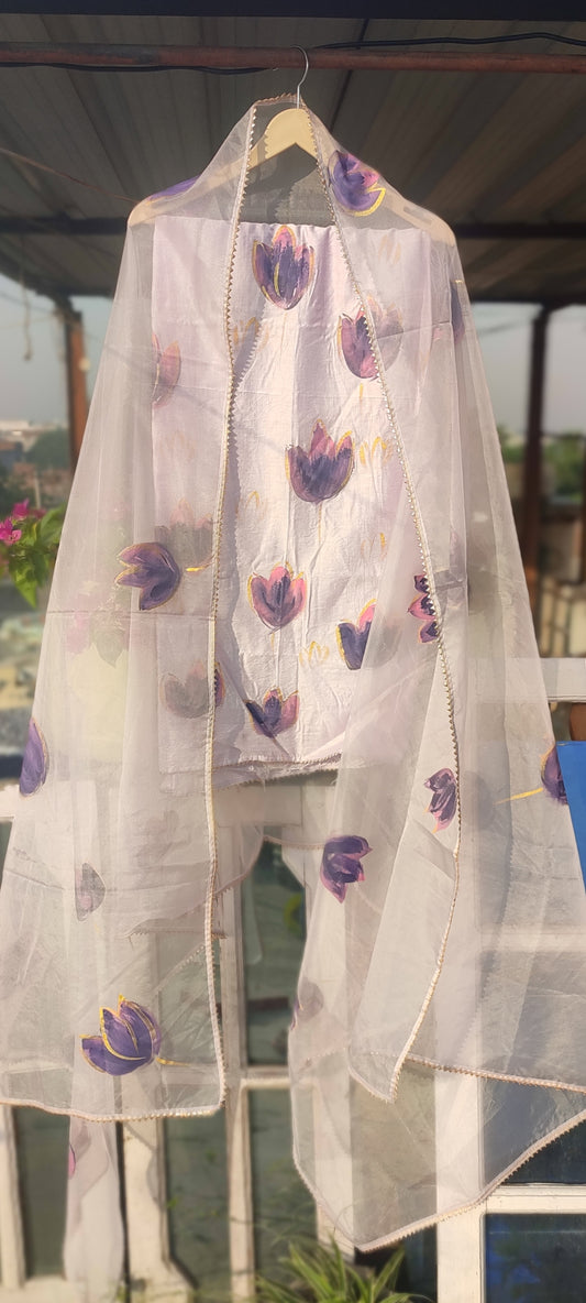 Hand painted purple chanderi silk suit with organza dupatta.