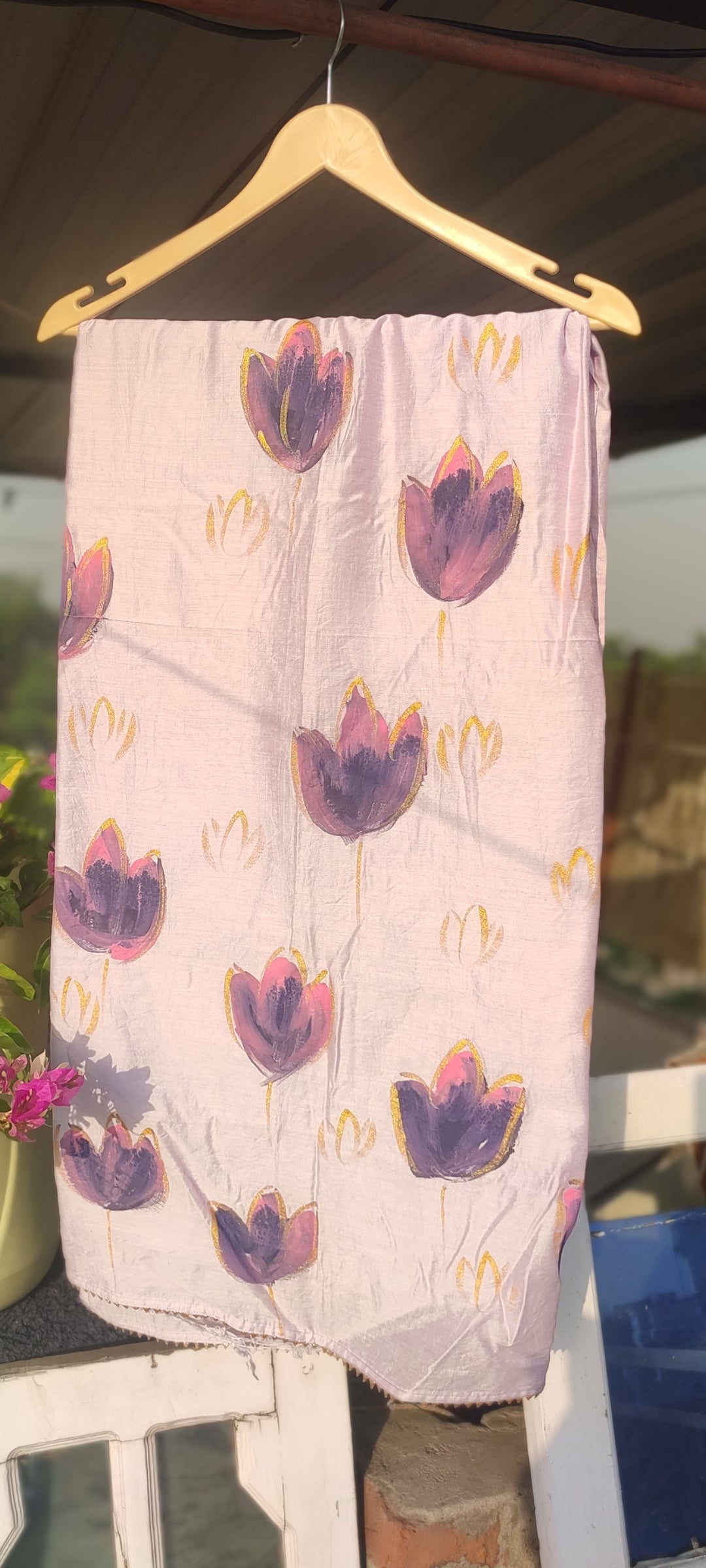 Hand painted purple chanderi silk suit with organza dupatta.