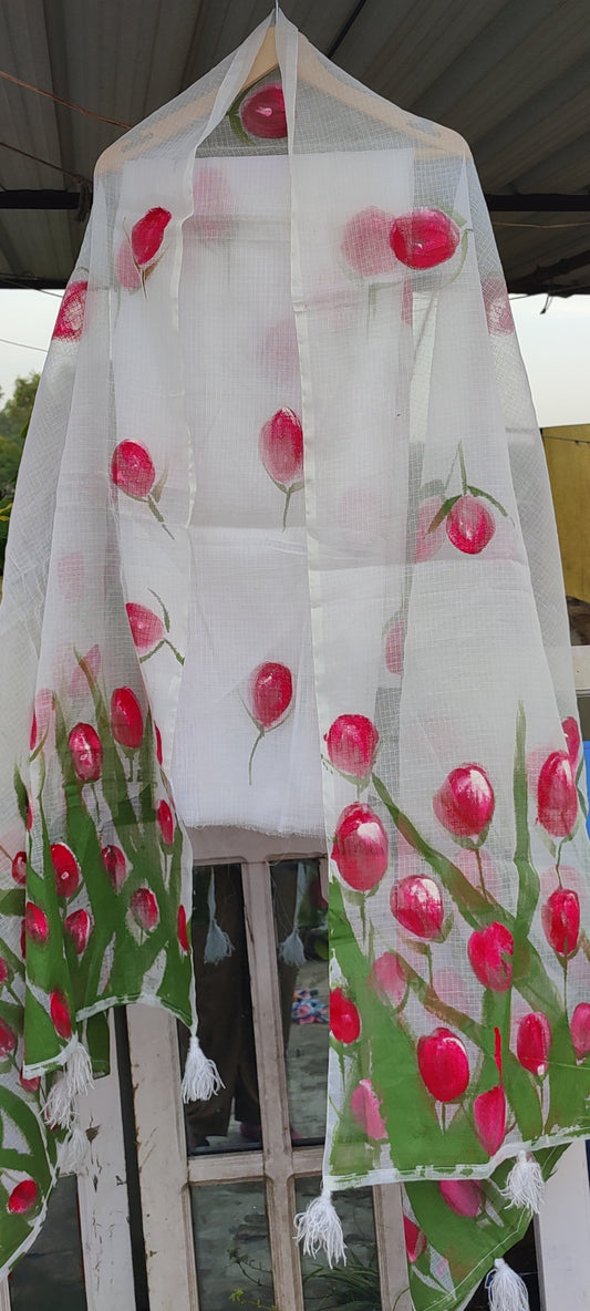 Hand-painted  pure kota doria suit with tulips