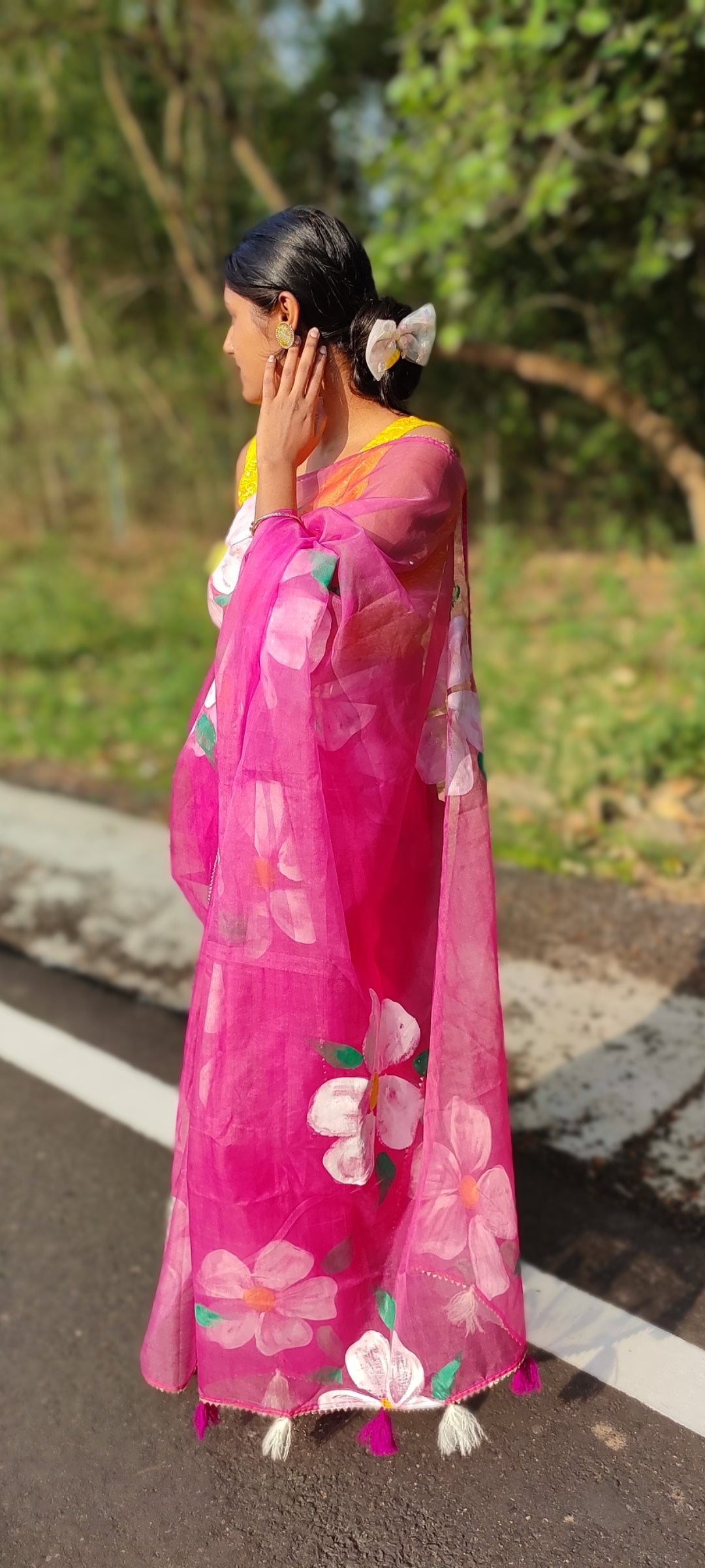 Mergentta Handpainted organza saree