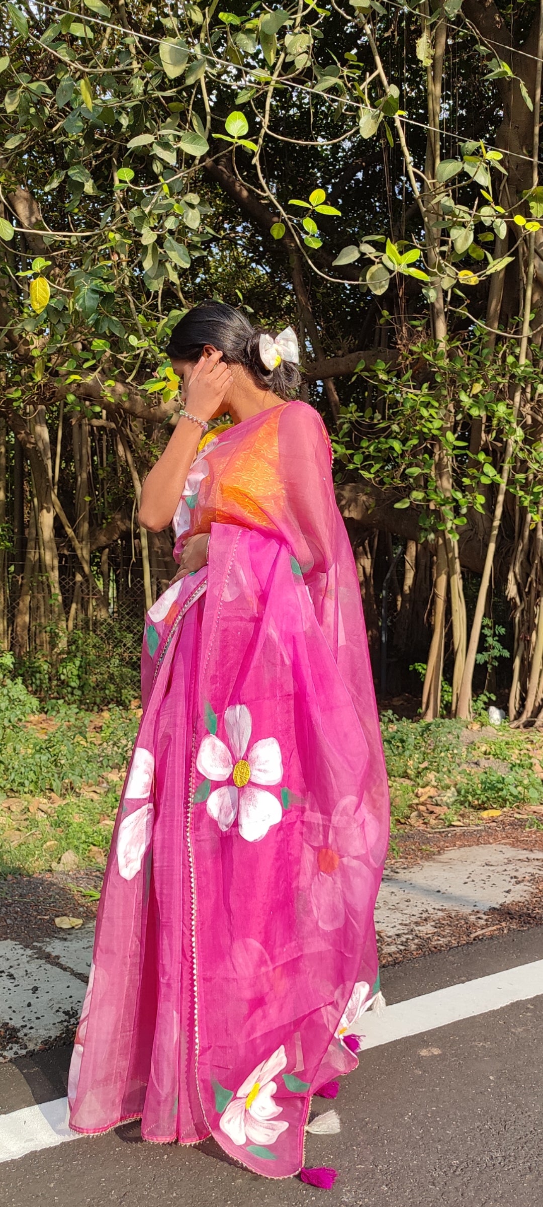 Mergentta Handpainted organza saree