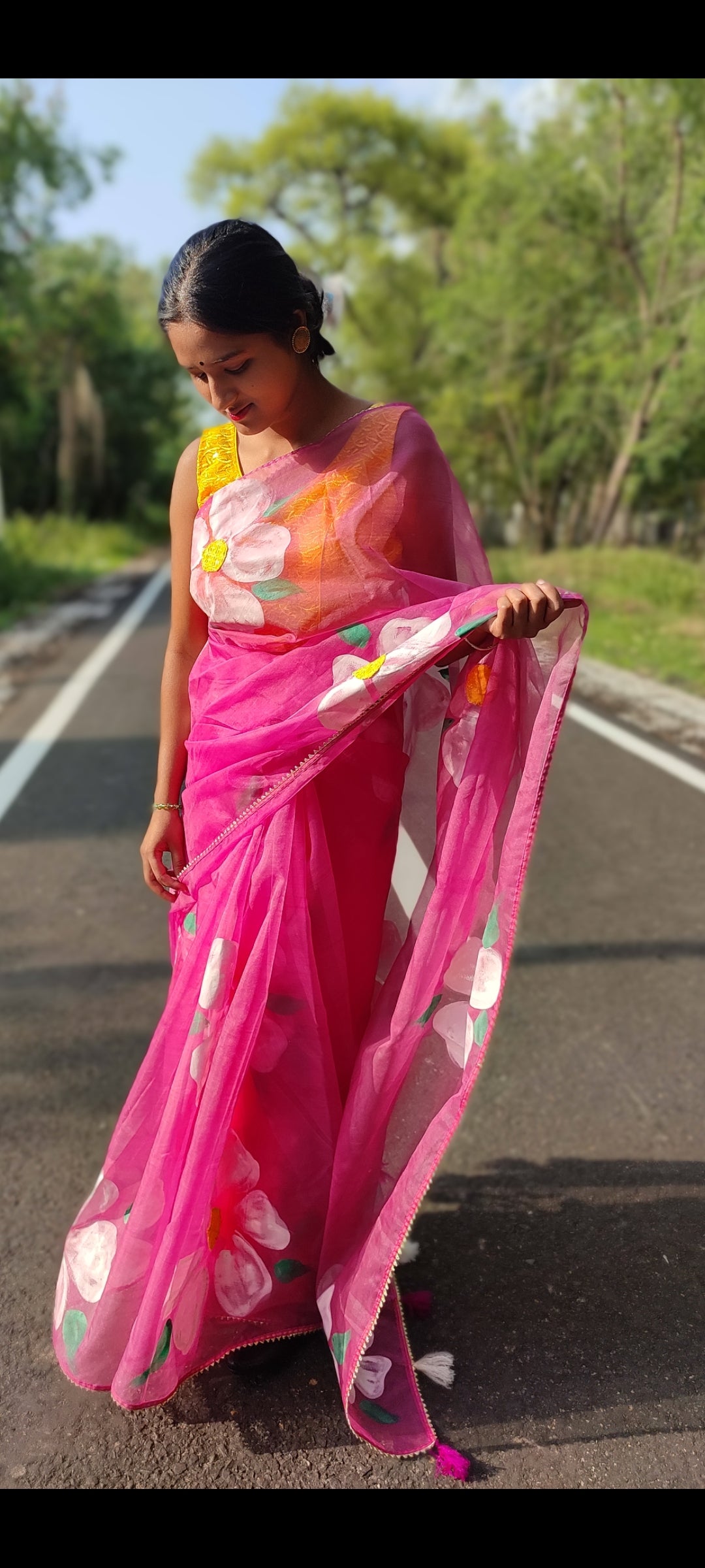 Mergentta Handpainted organza saree