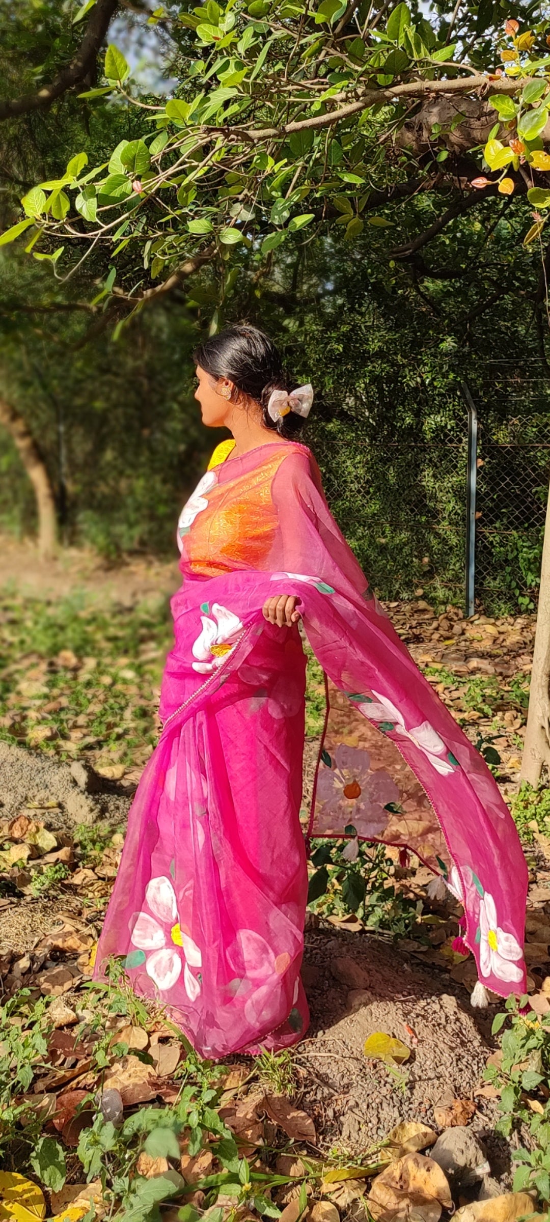 Mergentta Handpainted organza saree