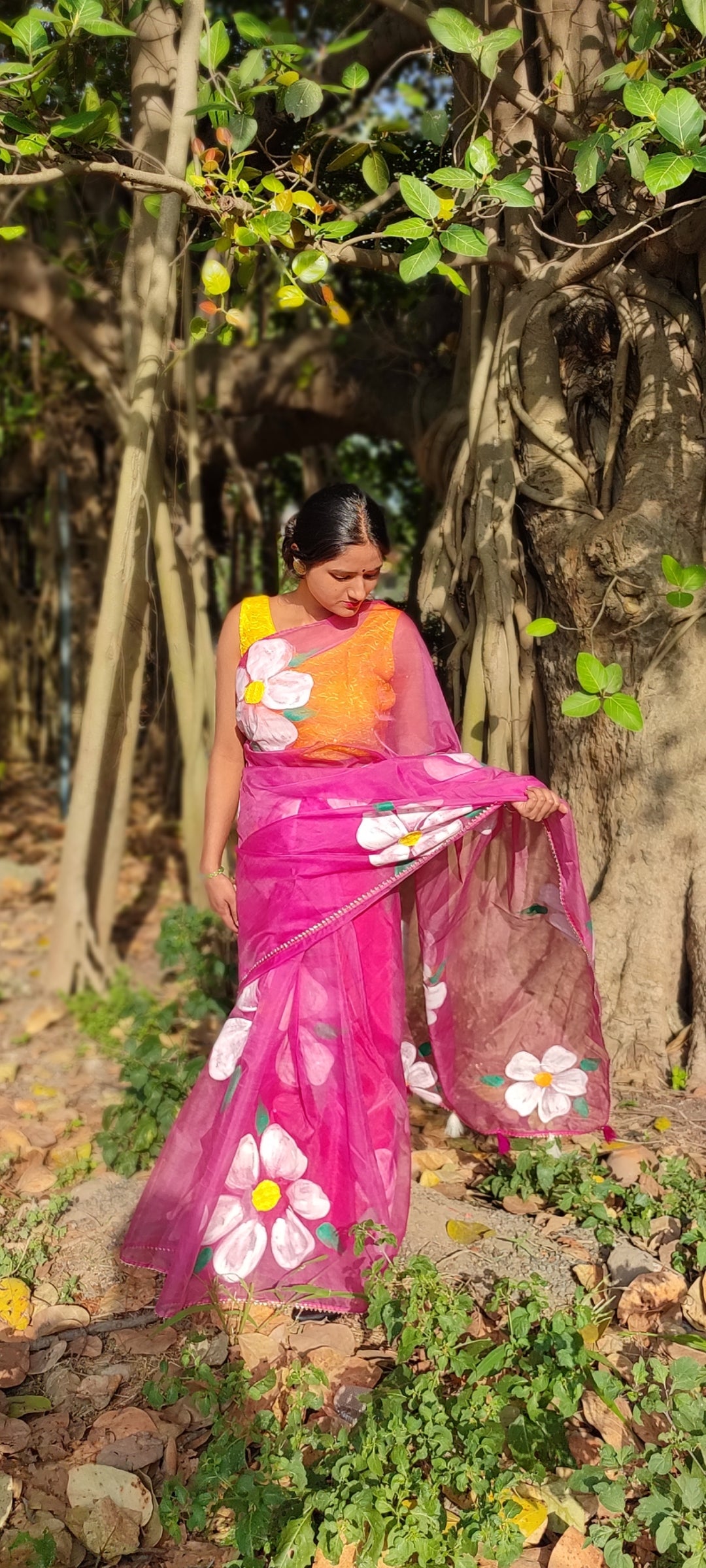 Mergentta Handpainted organza saree