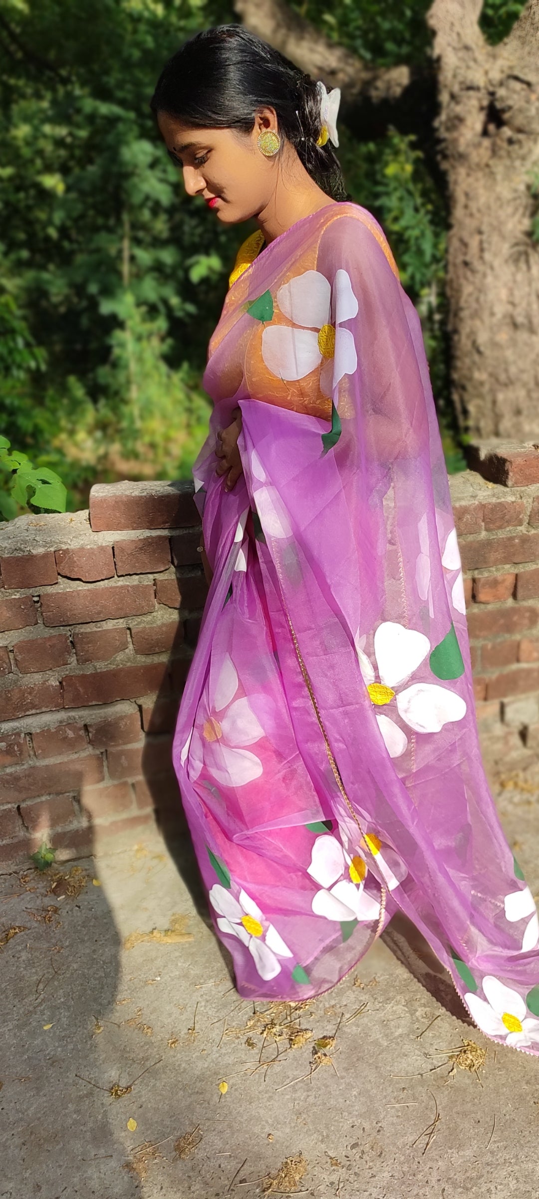 Lilac Handpainted organza saree with white tassels