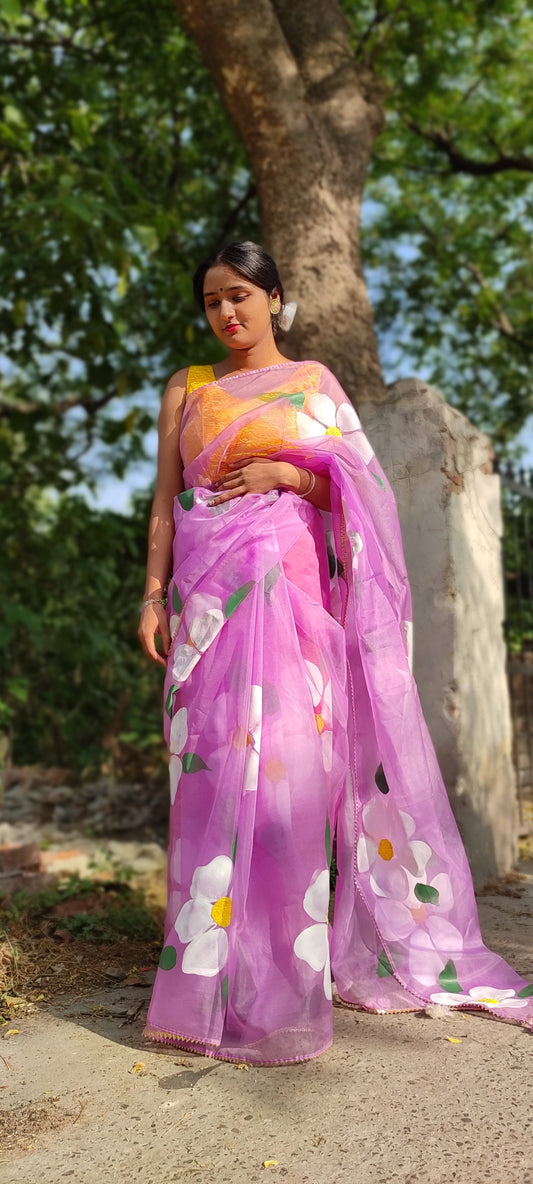 Lilac Handpainted organza saree with white tassels