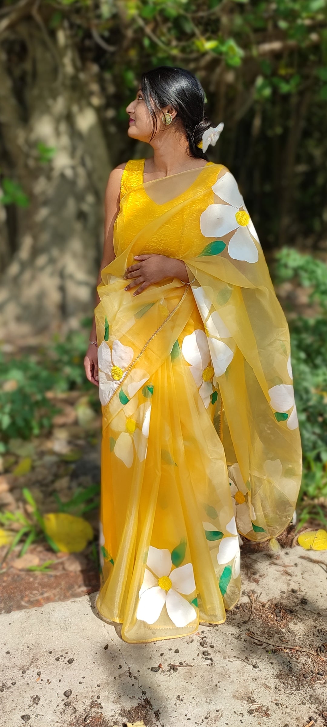 Yellow Handpainted organza  saree with white tassels
