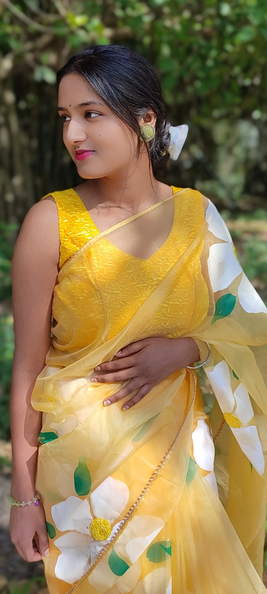 Yellow Handpainted organza  saree with white tassels