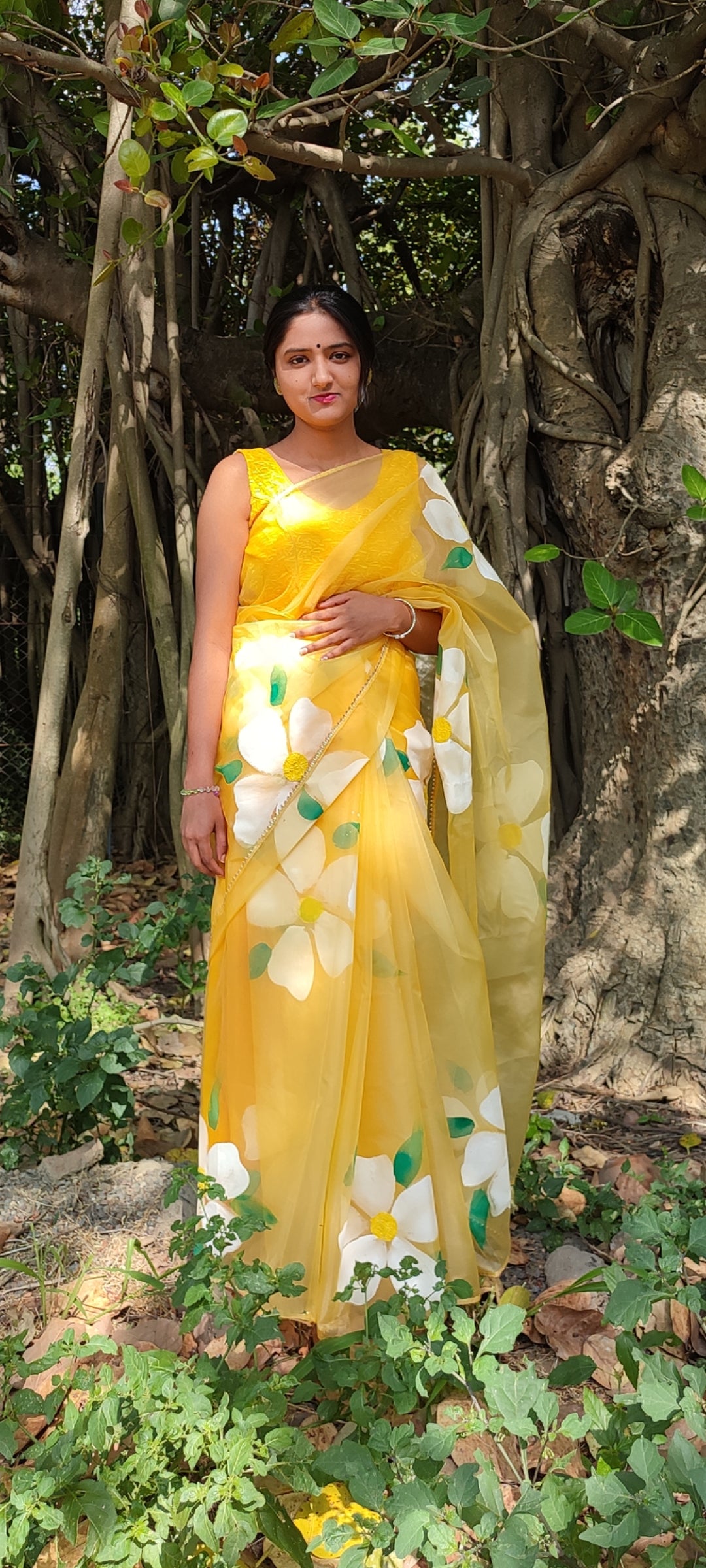 Yellow Handpainted organza  saree with white tassels