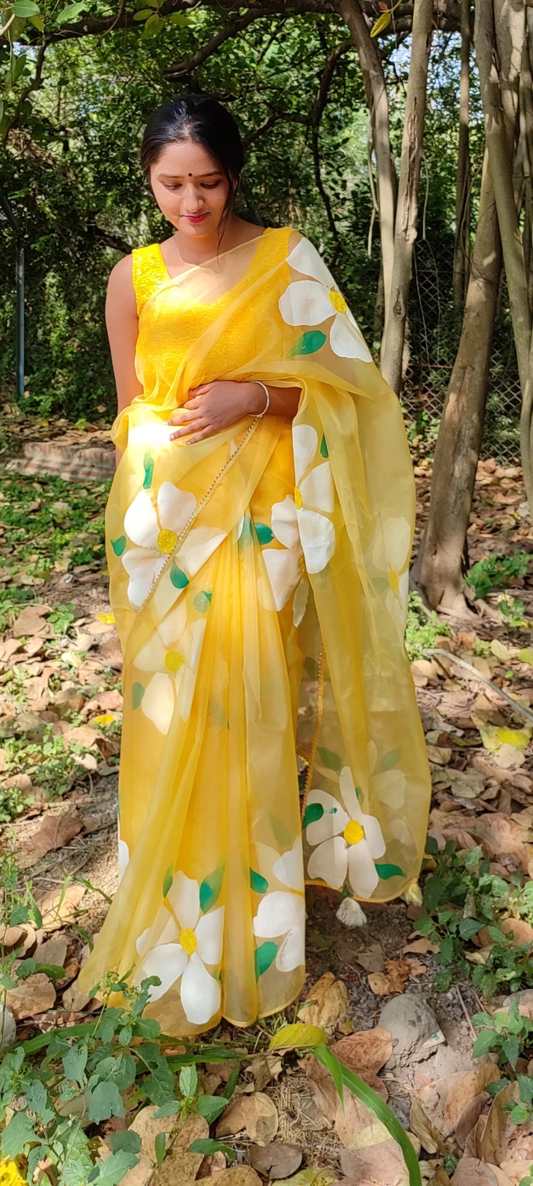 Yellow Handpainted organza  saree with white tassels