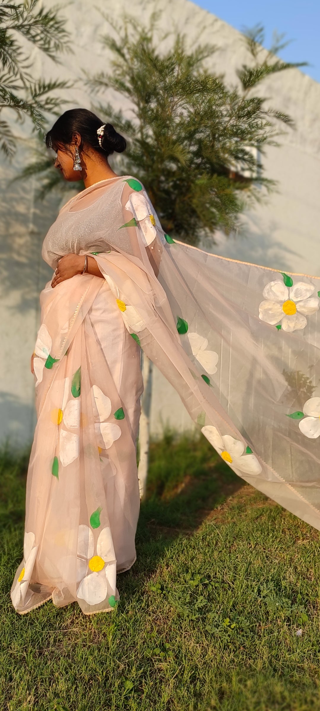 Handpainted sandlewood  beige colour organza sareewith tassels