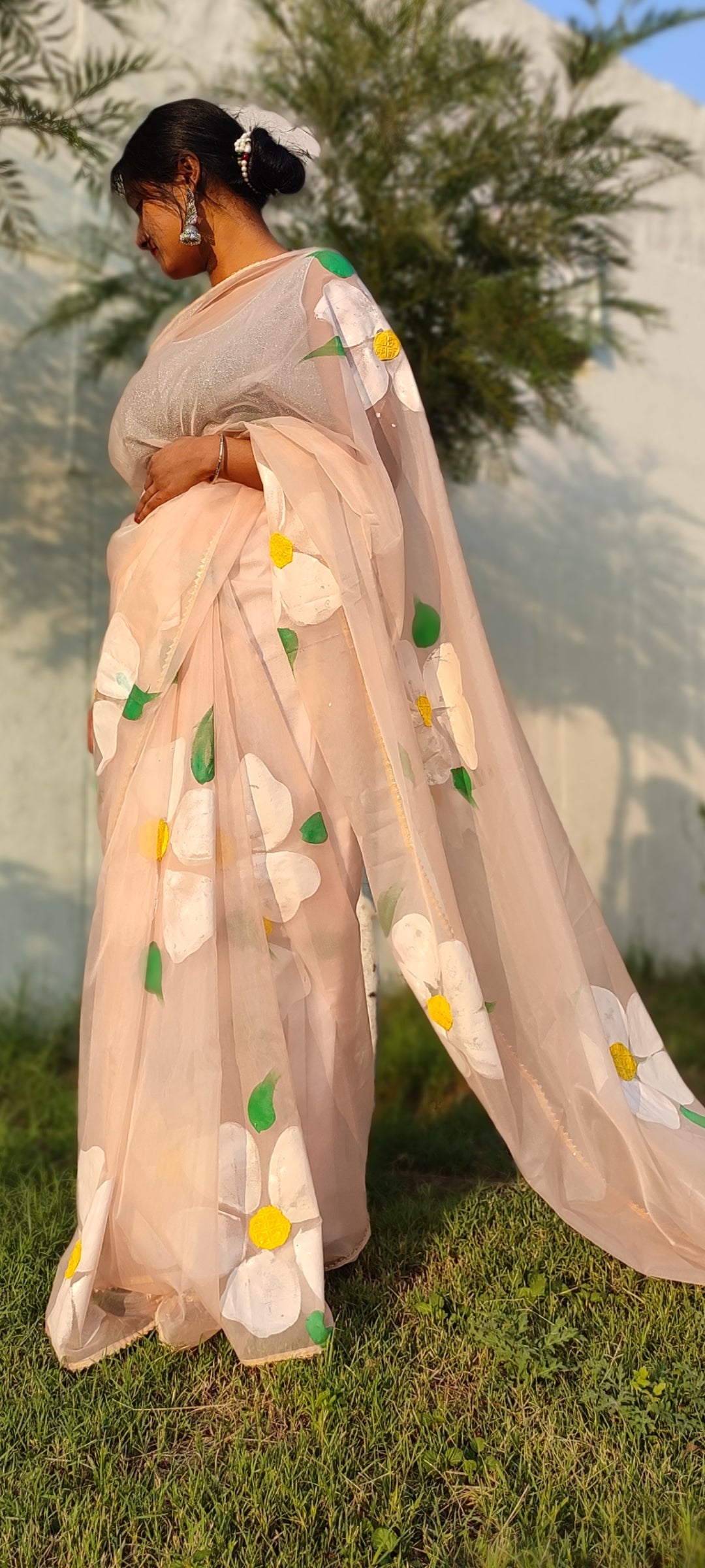Handpainted sandlewood  beige colour organza sareewith tassels