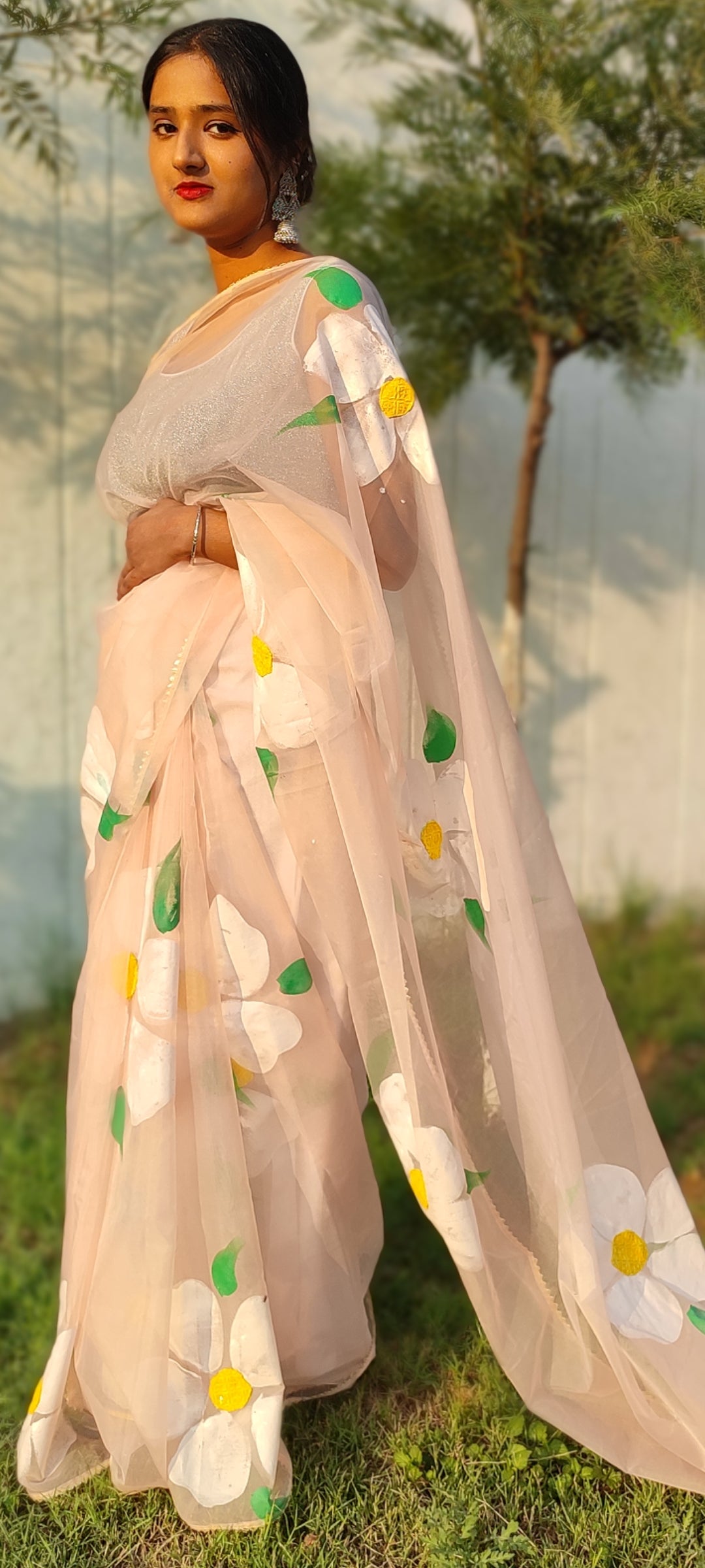 Handpainted sandlewood  beige colour organza sareewith tassels