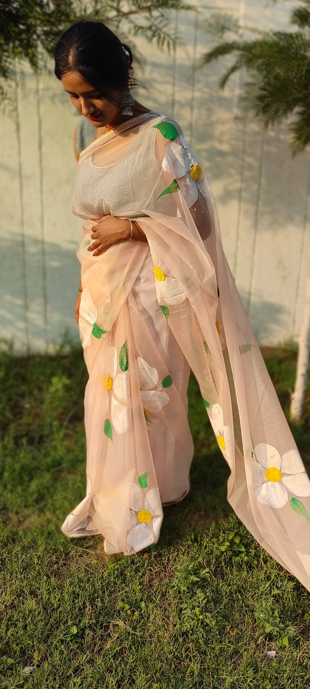 Handpainted sandlewood  beige colour organza sareewith tassels