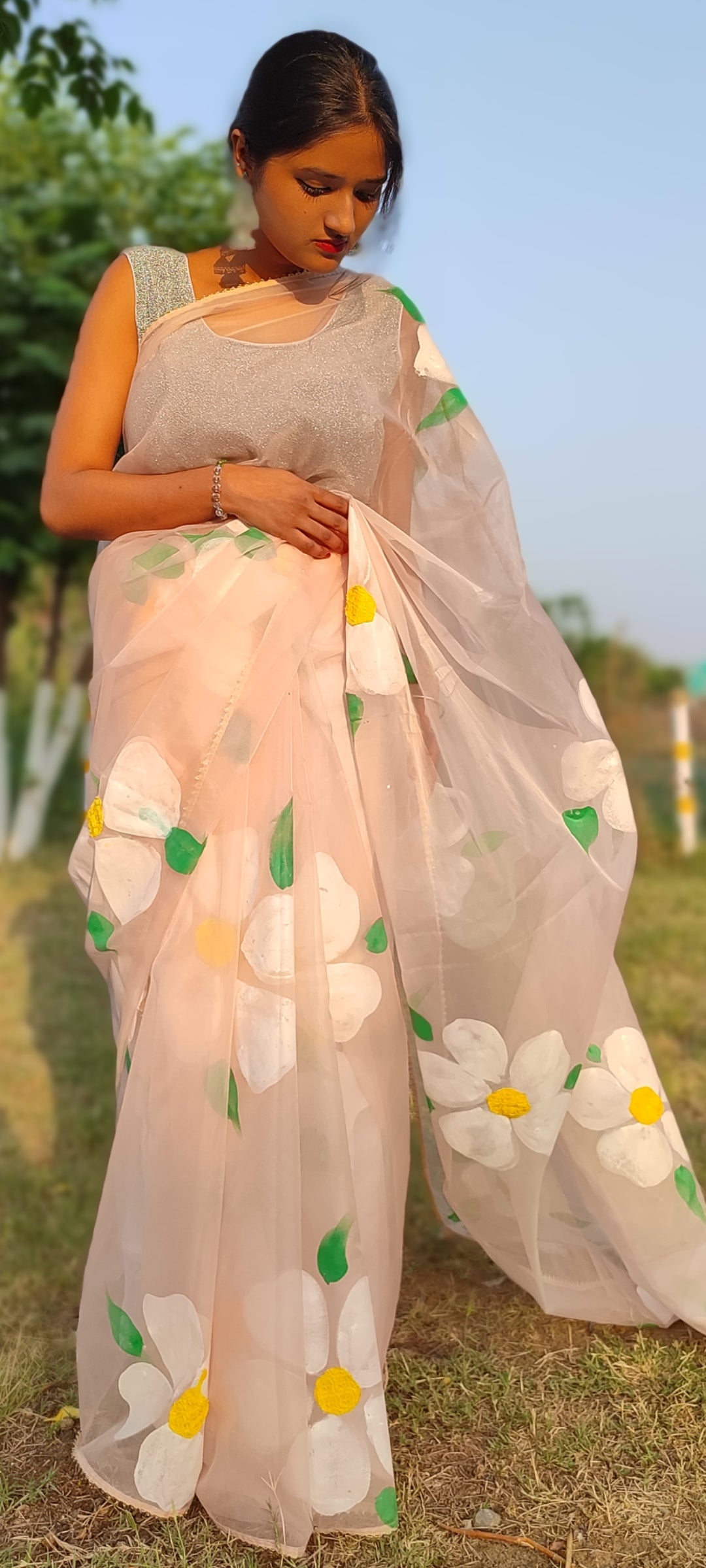 Handpainted sandlewood  beige colour organza sareewith tassels