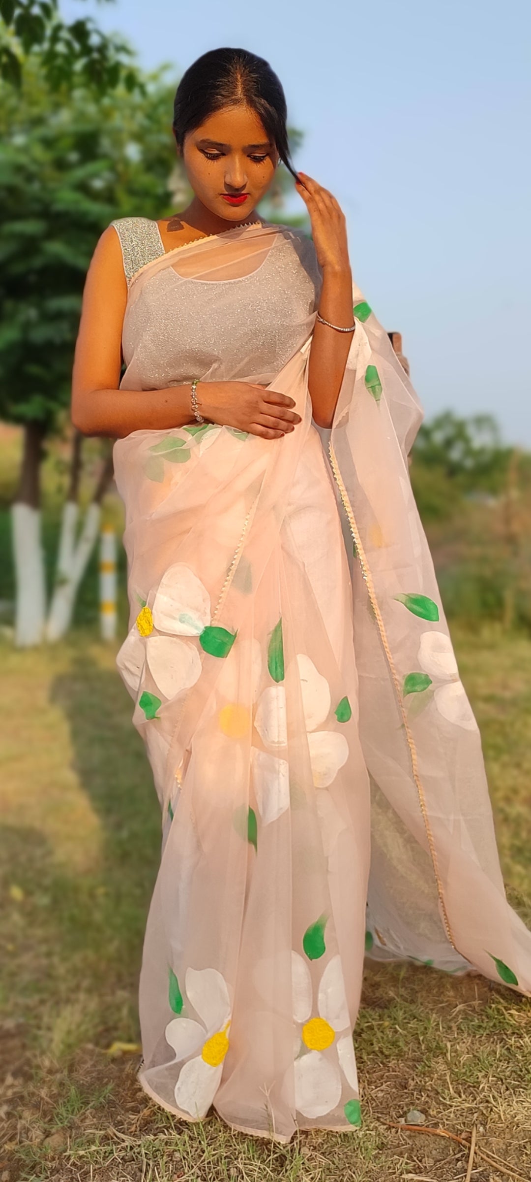 Handpainted sandlewood  beige colour organza sareewith tassels