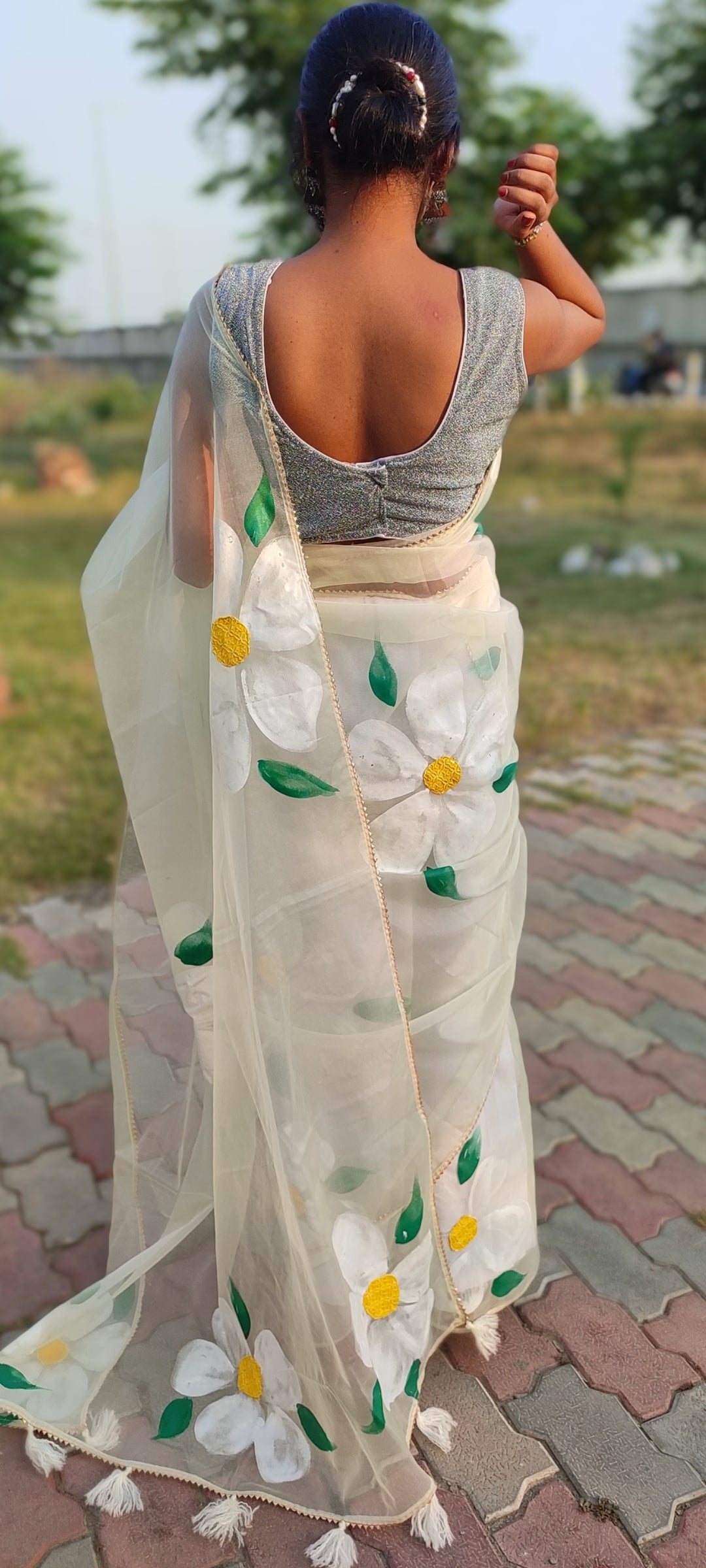 Handpainted  pista organza saree