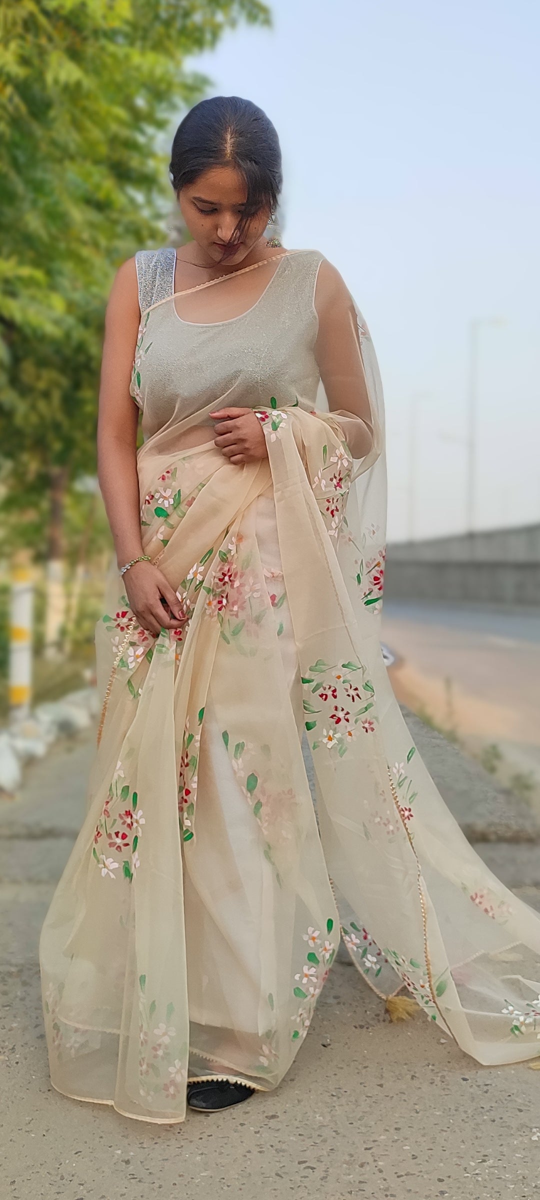 Beige Handpainted organza saree with tassels