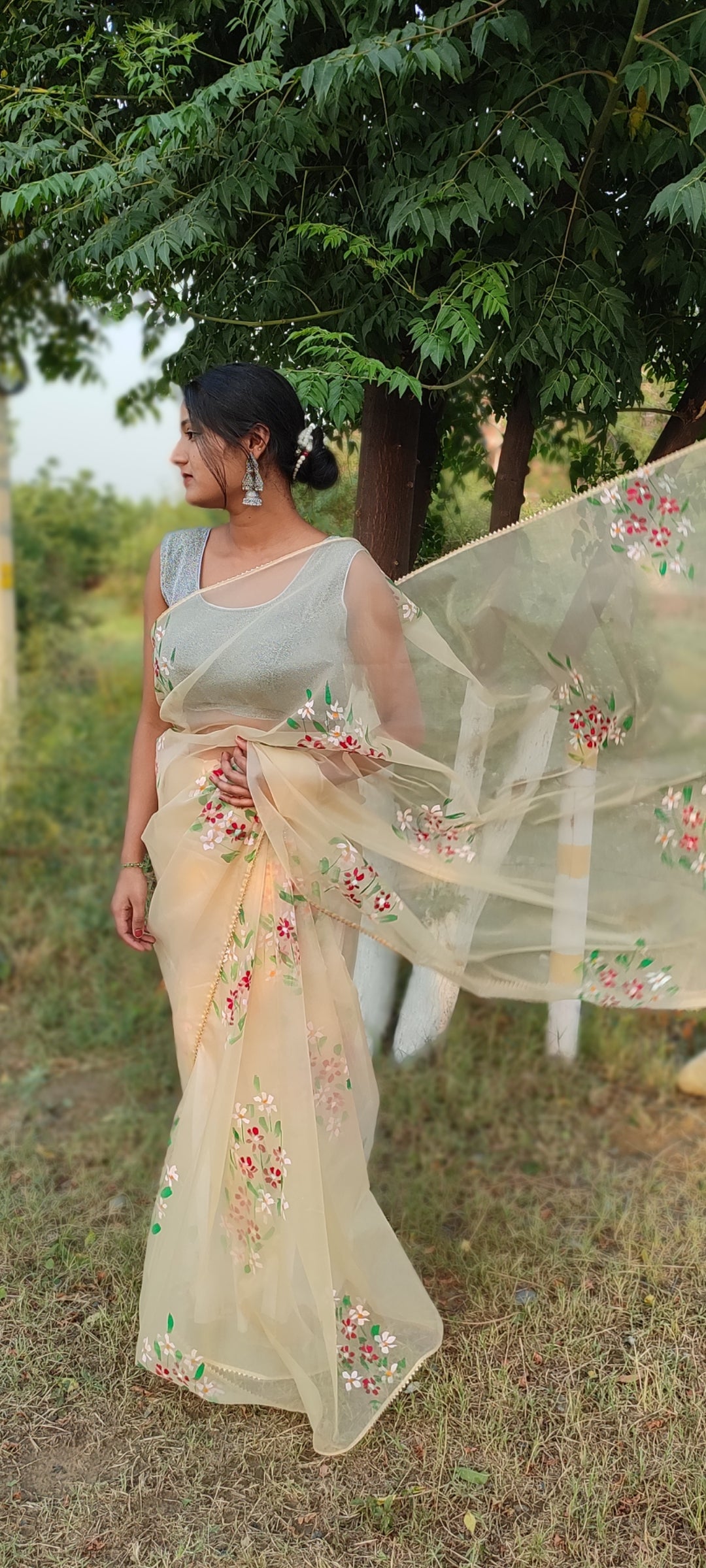 Beige Handpainted organza saree with tassels