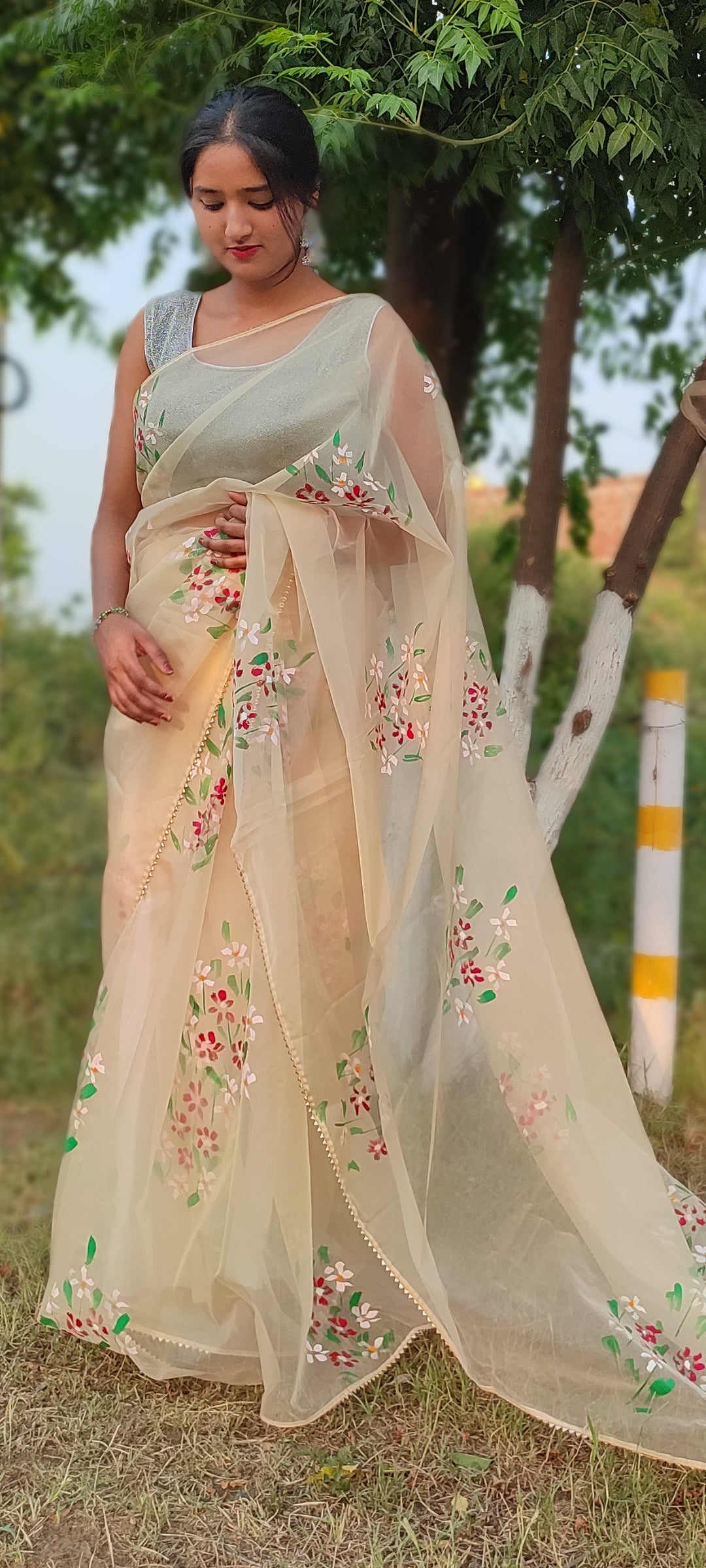 Beige Handpainted organza saree with tassels