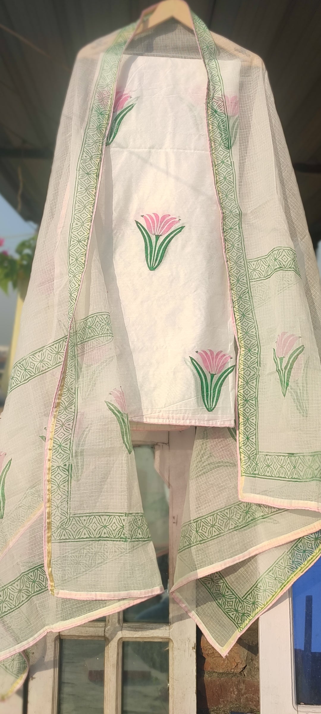 Hand block  pink Tulip chanderi silk salwaar suit
