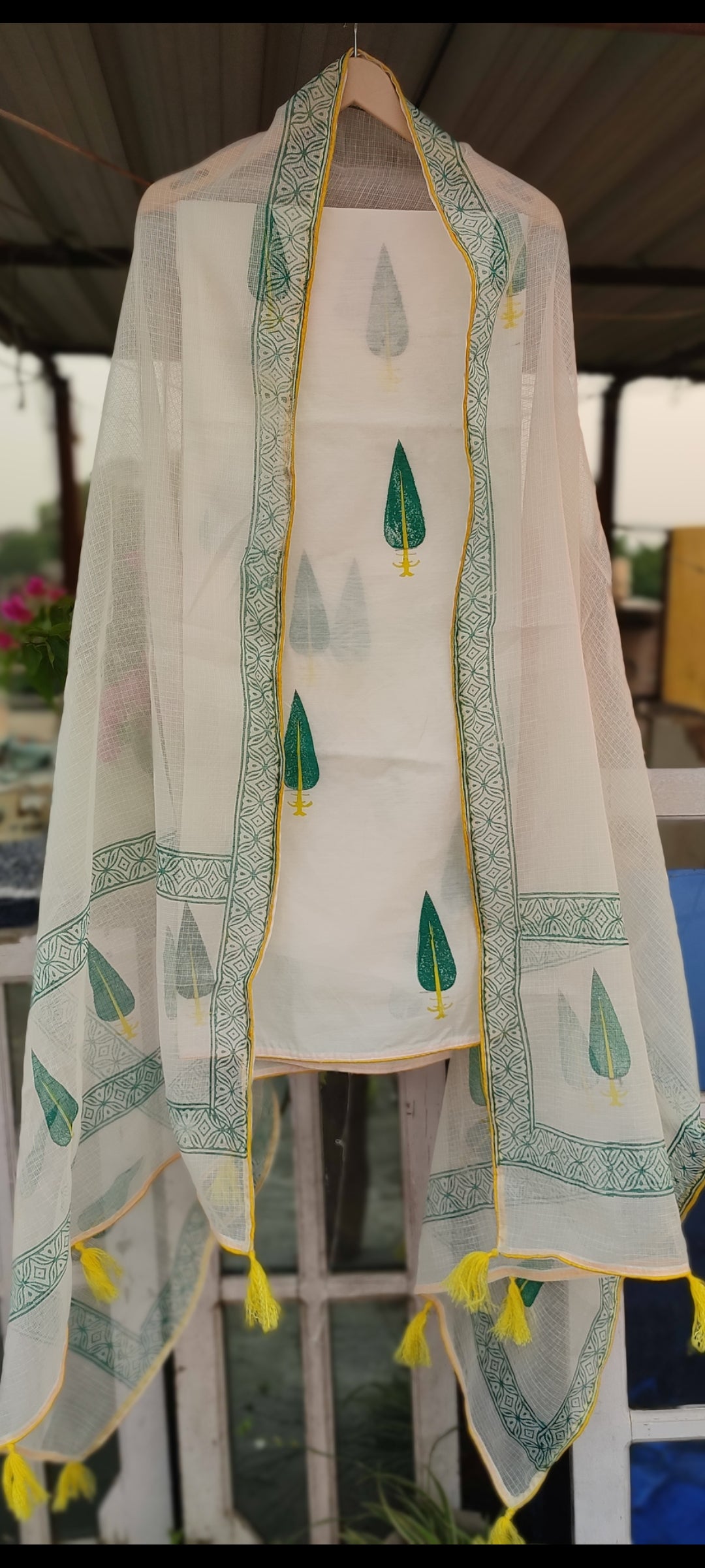 Handblock chanderi silk suit with green leaves