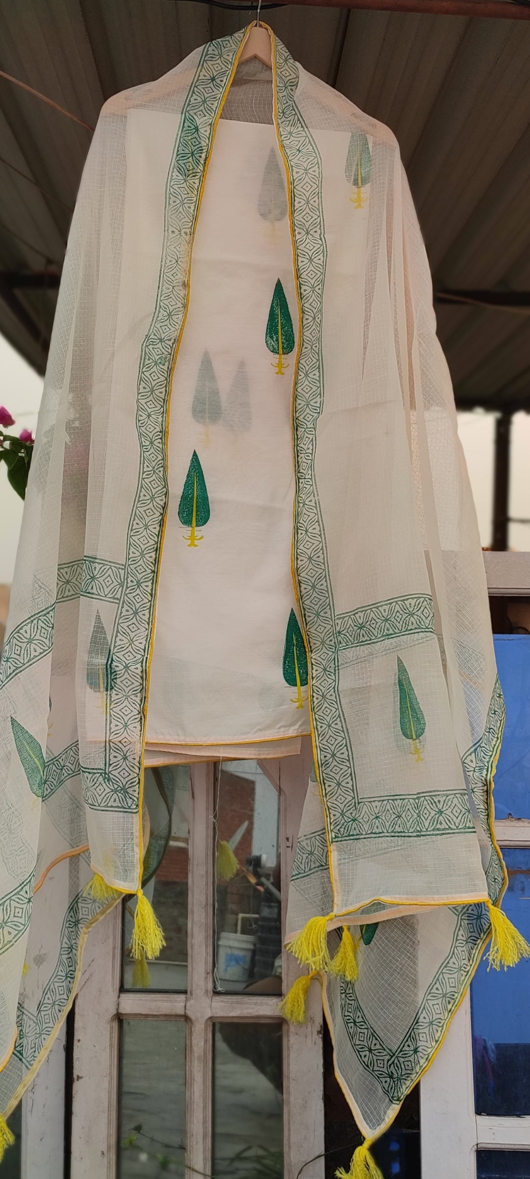 Handblock chanderi silk suit with green leaves