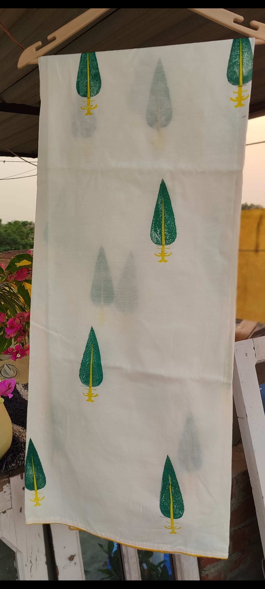Handblock chanderi silk suit with green leaves