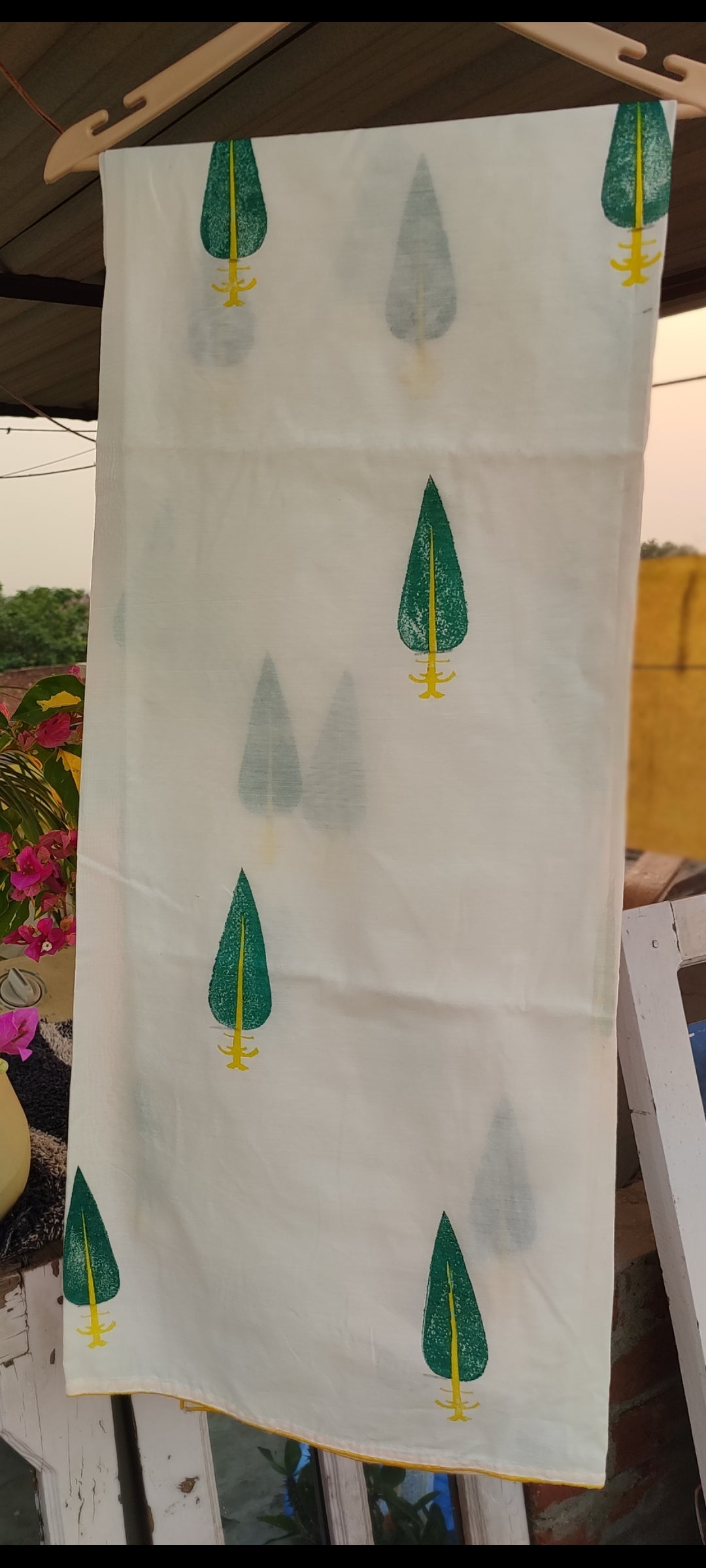 Handblock chanderi silk suit with green leaves