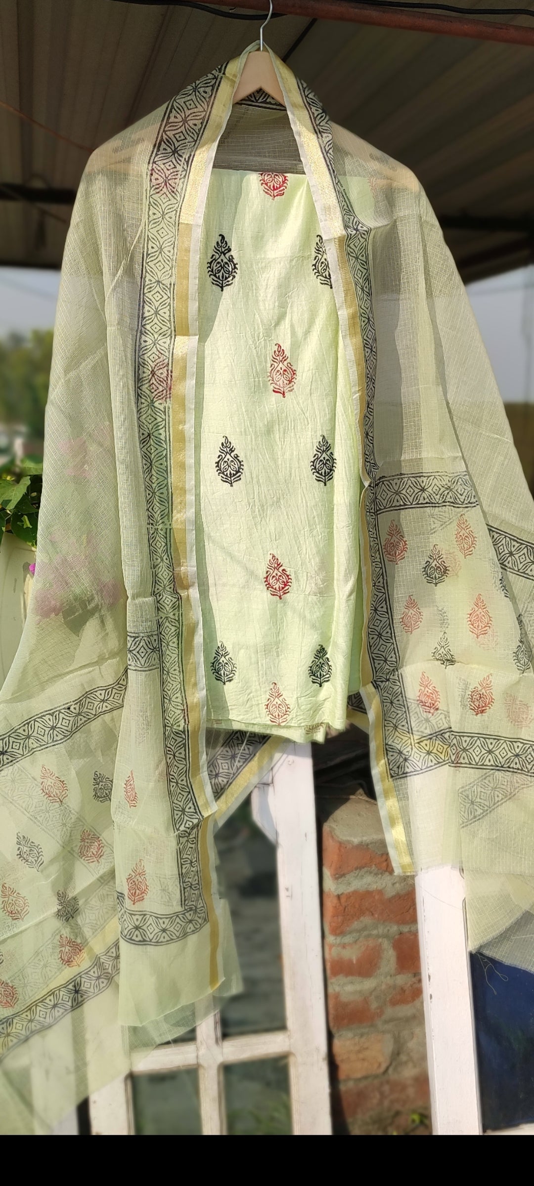 Handblock  pista chanderi silk suit