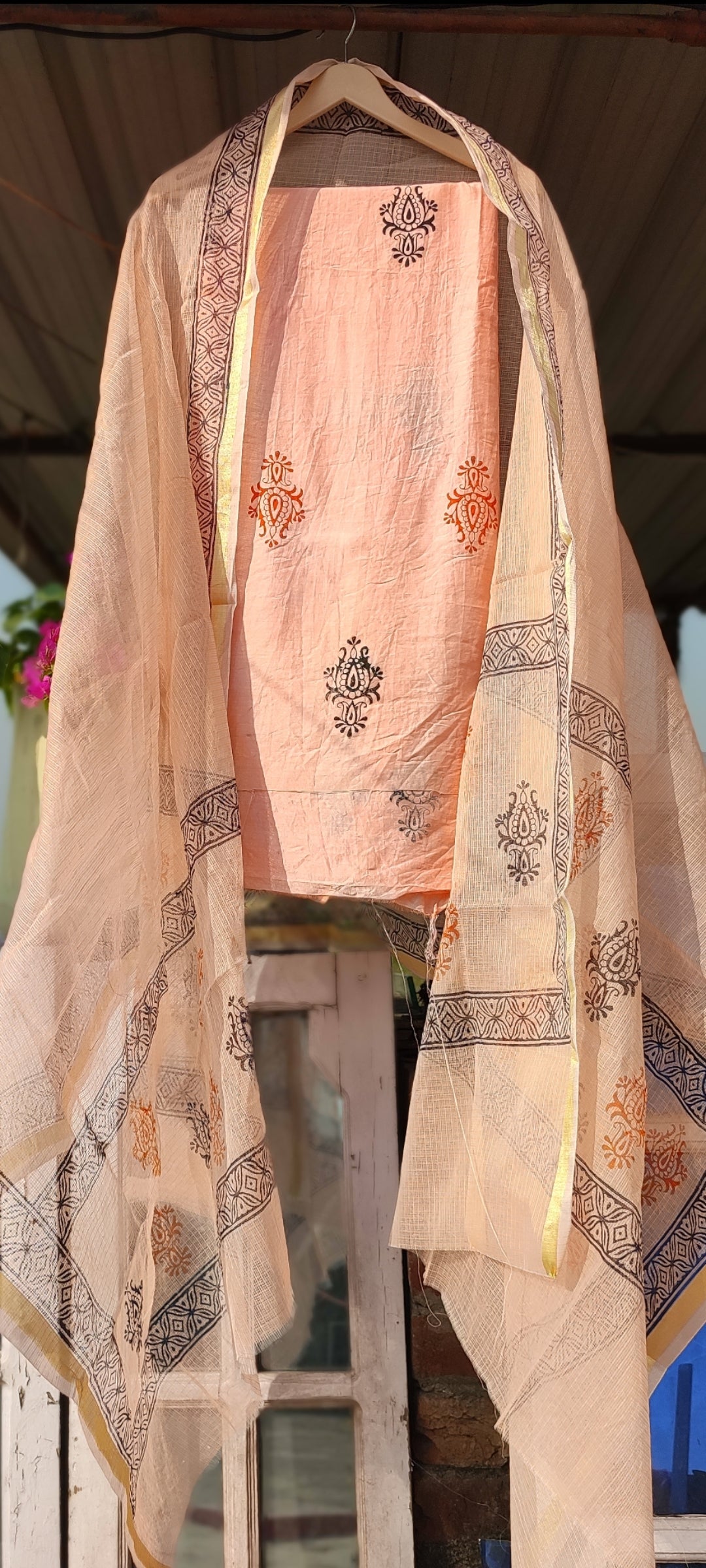 Handblock  pink chanderi silk suit