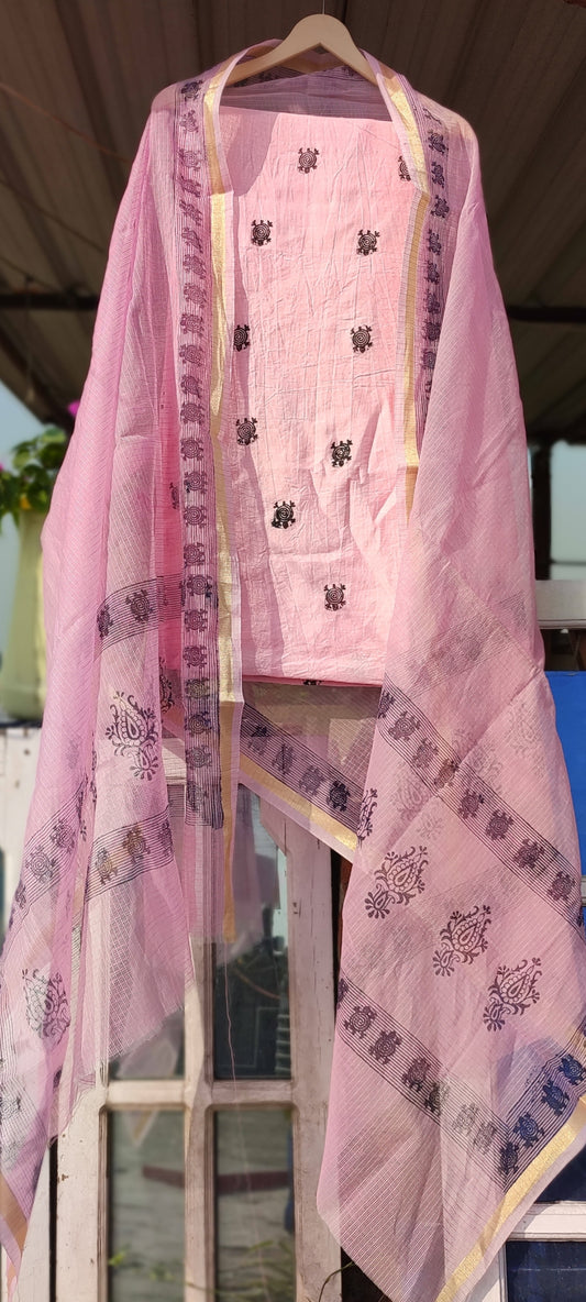 Handblock pink chanderi silk suit