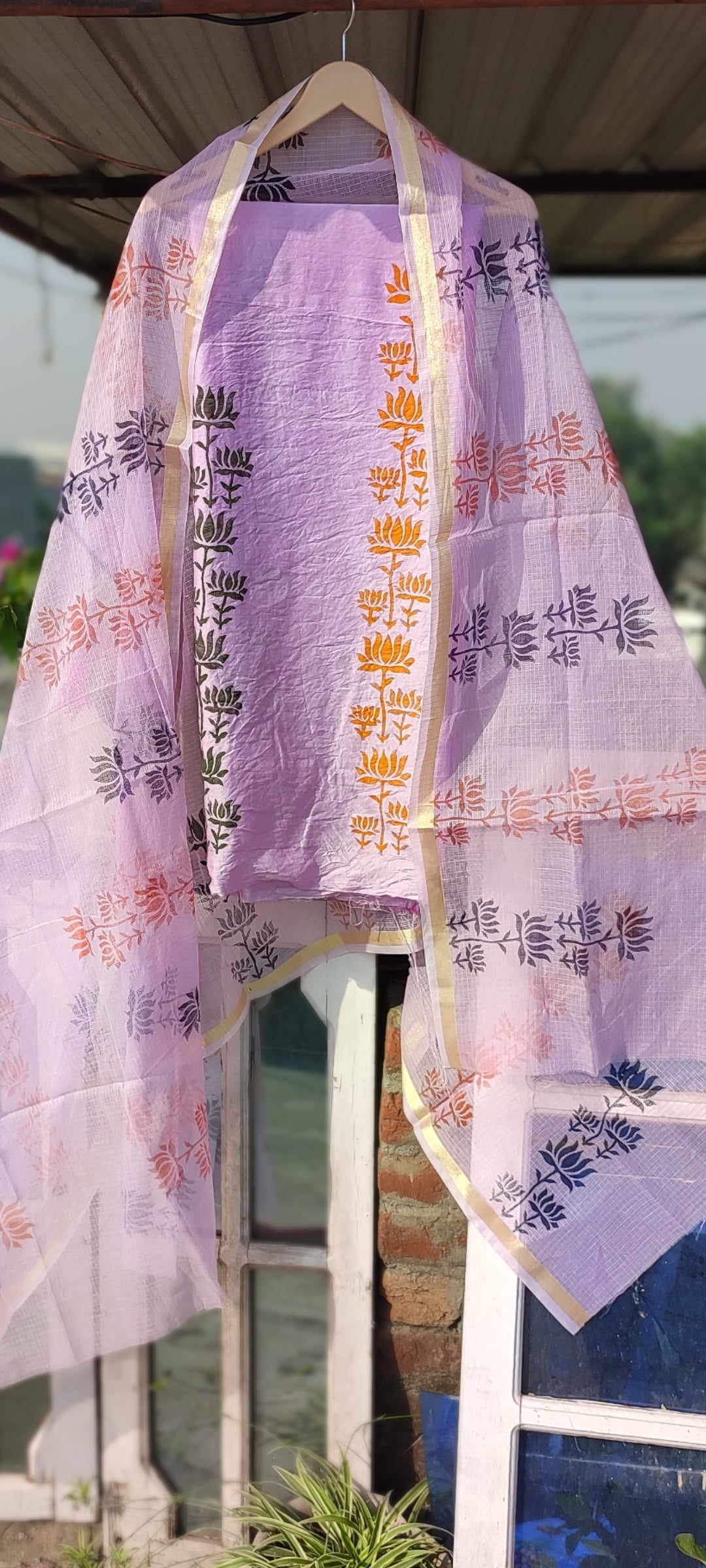 Handblock lilac chanderi silk suit