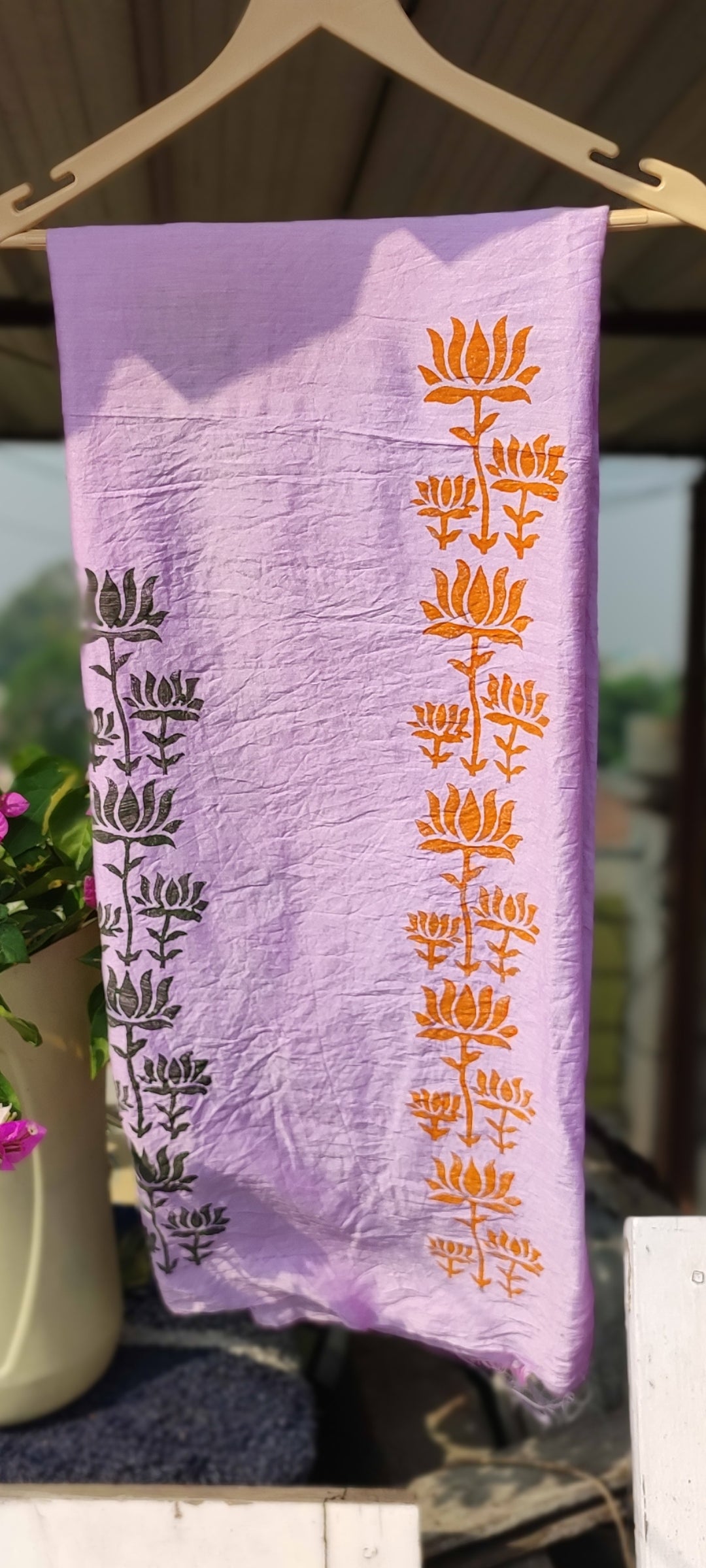 Handblock lilac chanderi silk suit