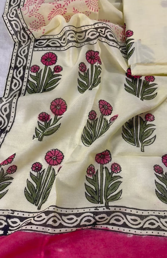 Handblock Chanderi  silk light yellow floral boota suit