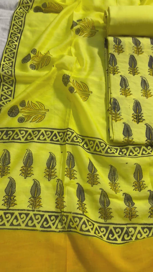 Handblock yellow chanderi silk suit
