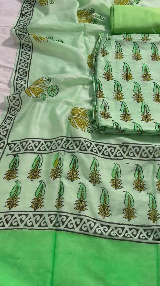 Handblock green chanderi silk suit