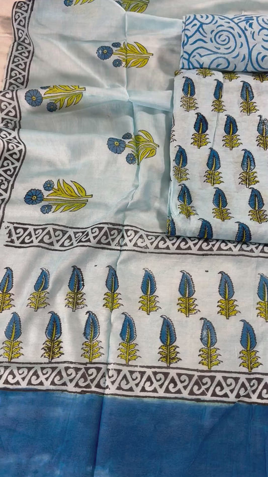 Handblock blue chanderi silk suit