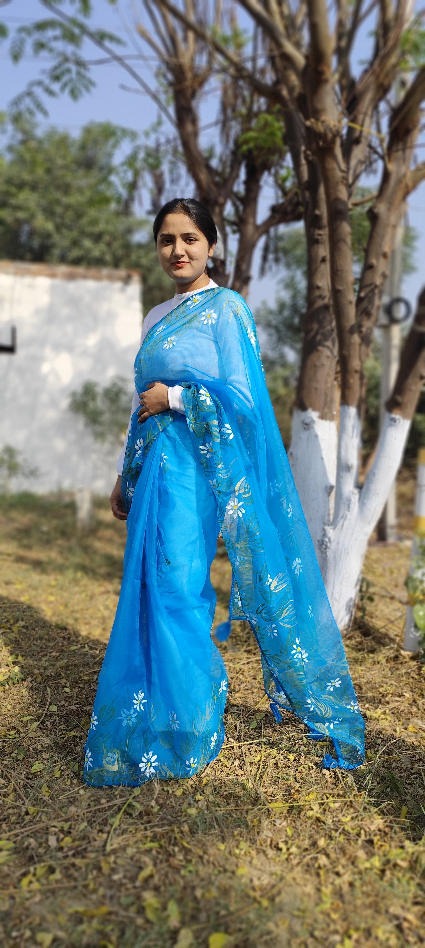 Sapphire Blue hand painted organza silk saree