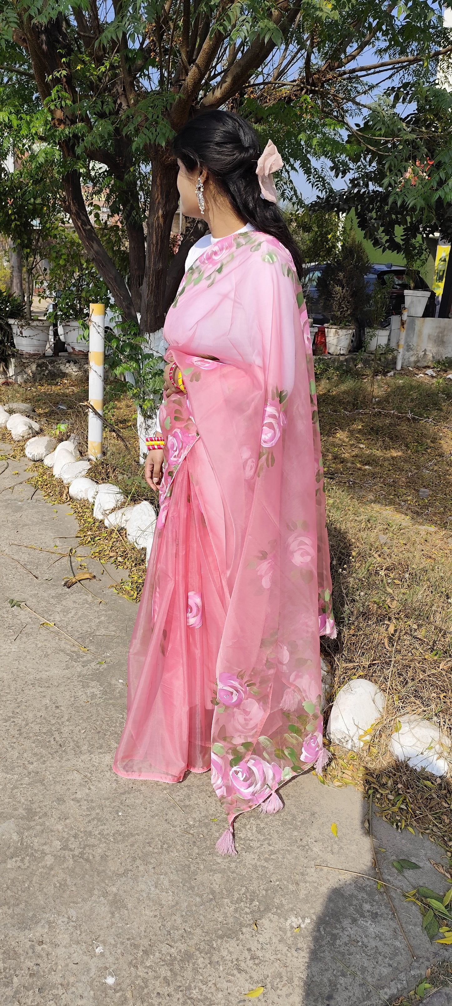 Pink hand painted organza silk saree