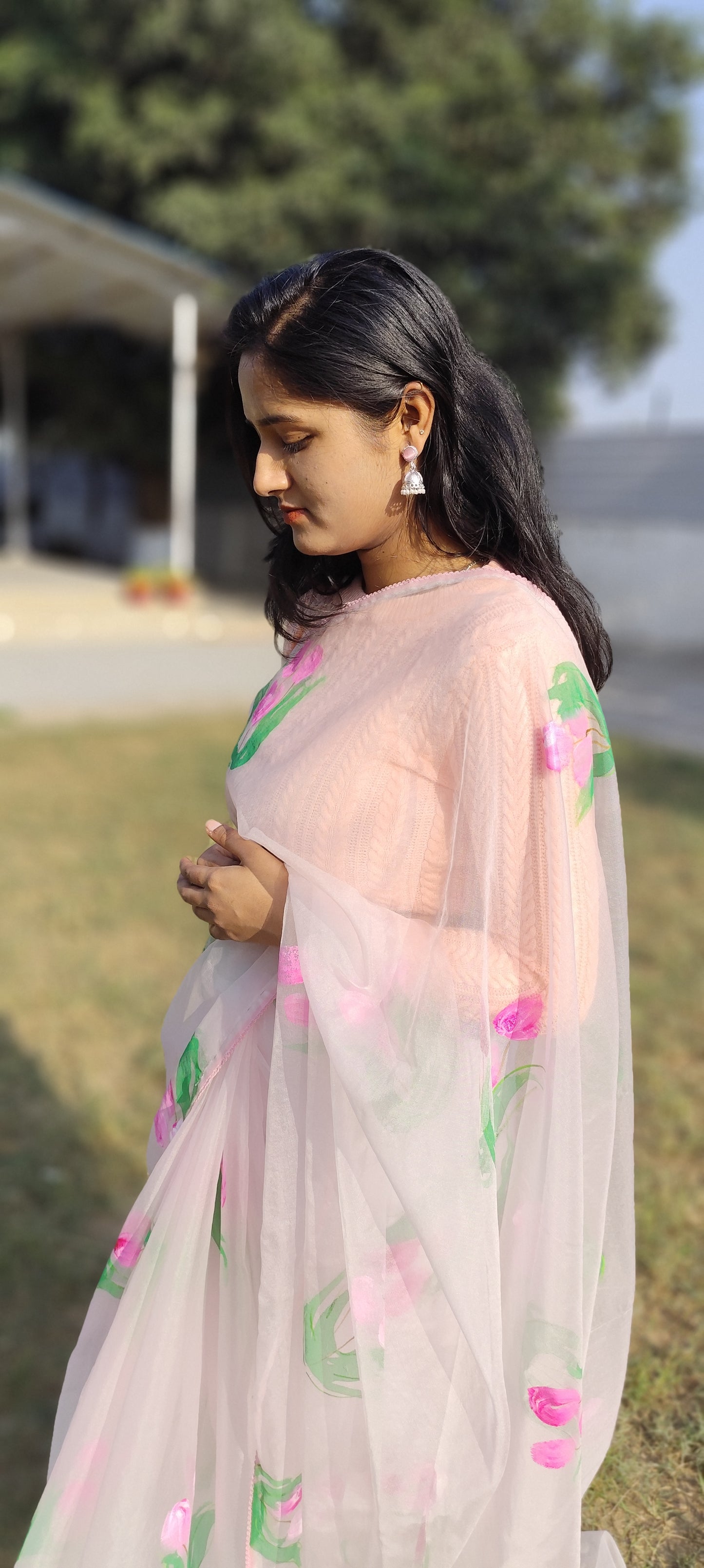 Pastel pink Handpainted  tulips saree for women
