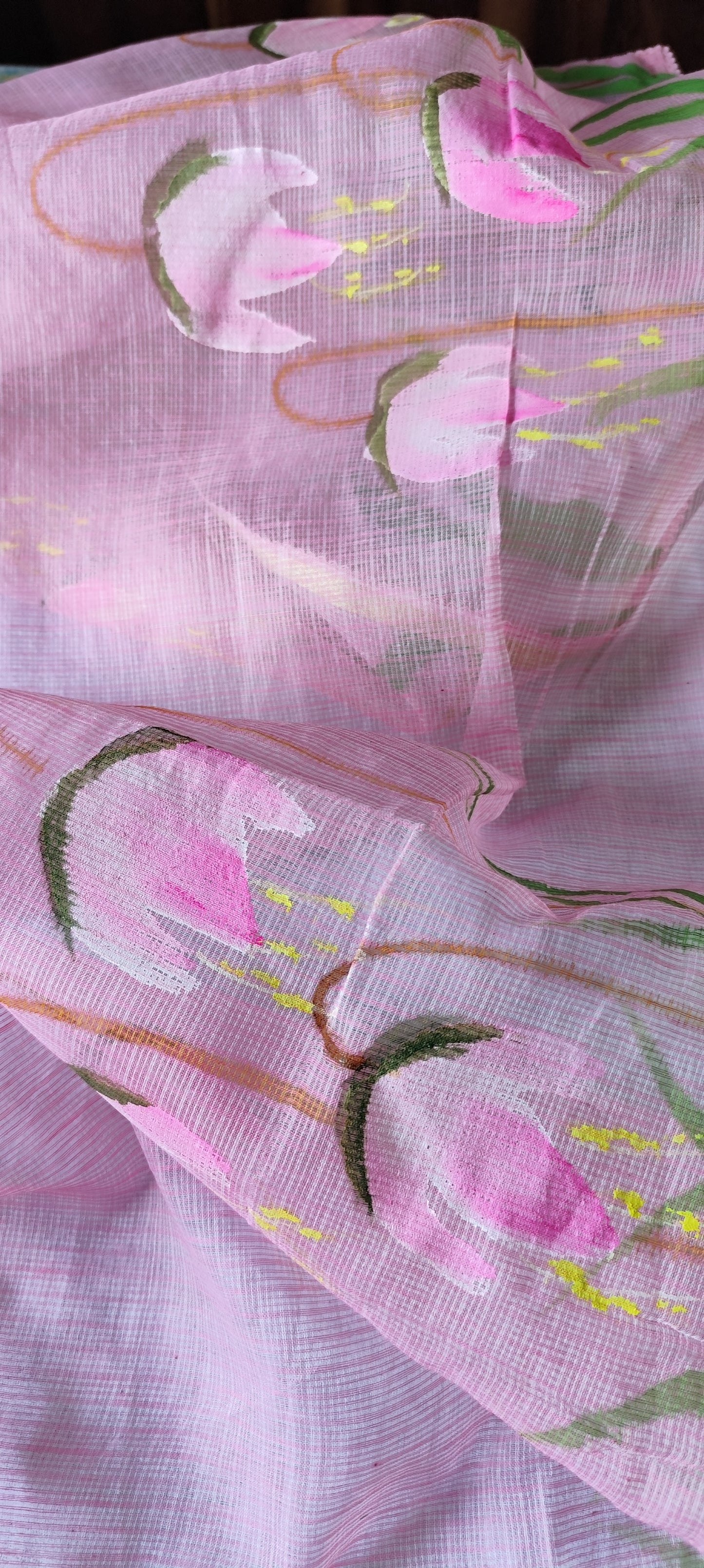 Hand painted  pink blossoms flower on kota doria.