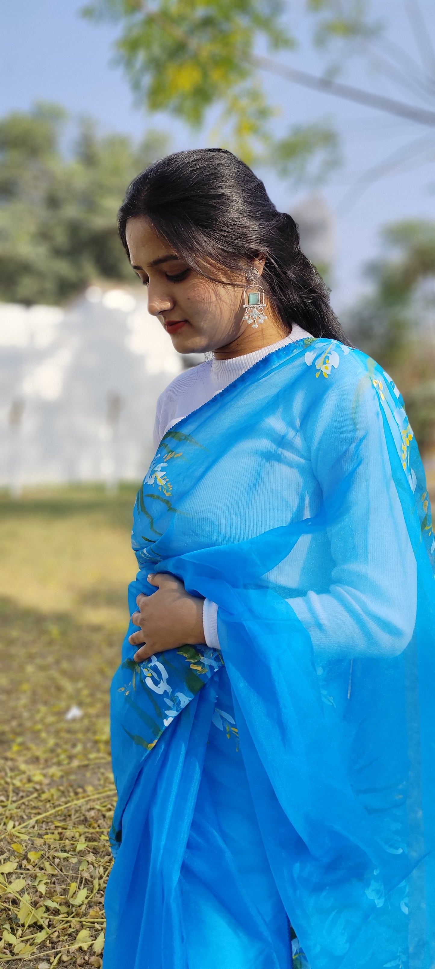 Sapphire Blue hand painted organza silk saree