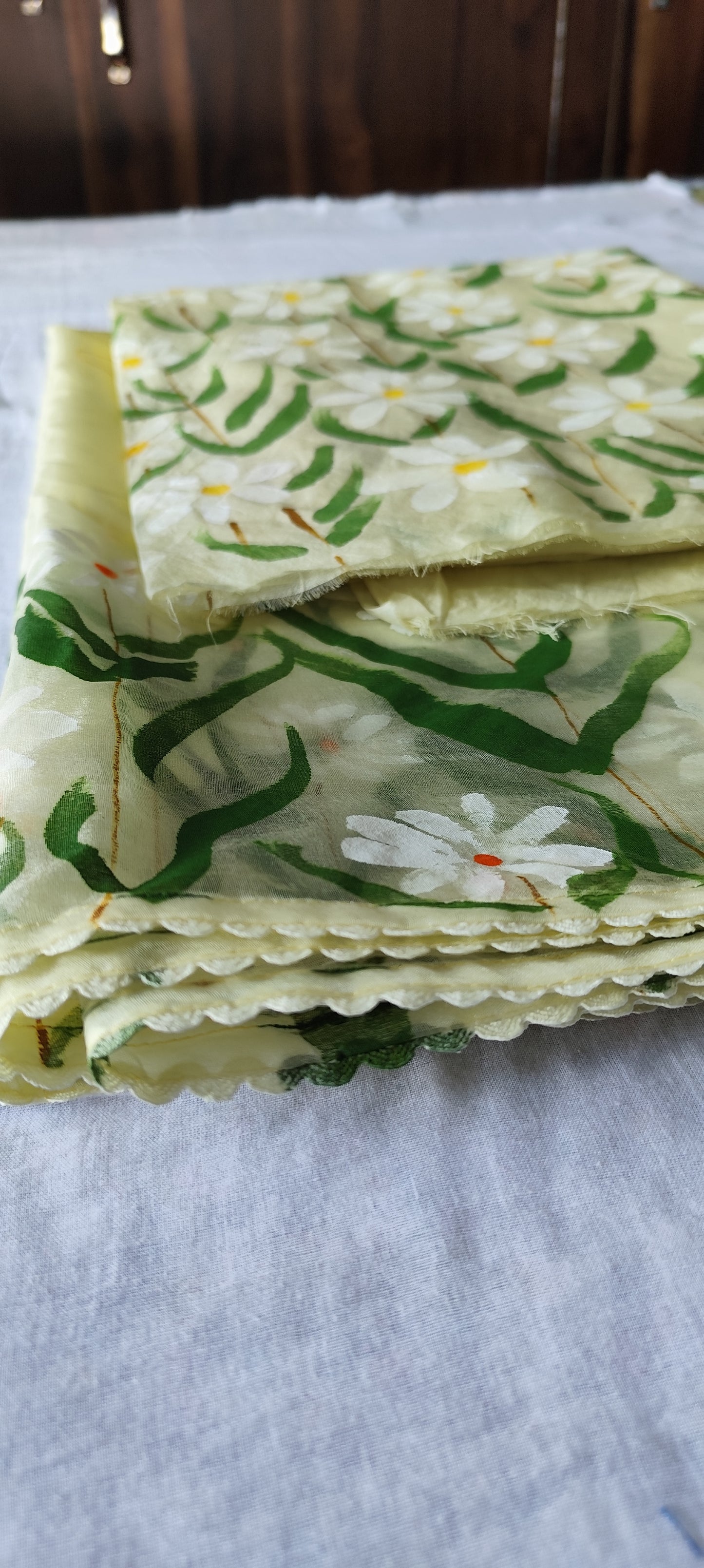 Pista green Handpainted white motifs on chanderi and organza dupatta.