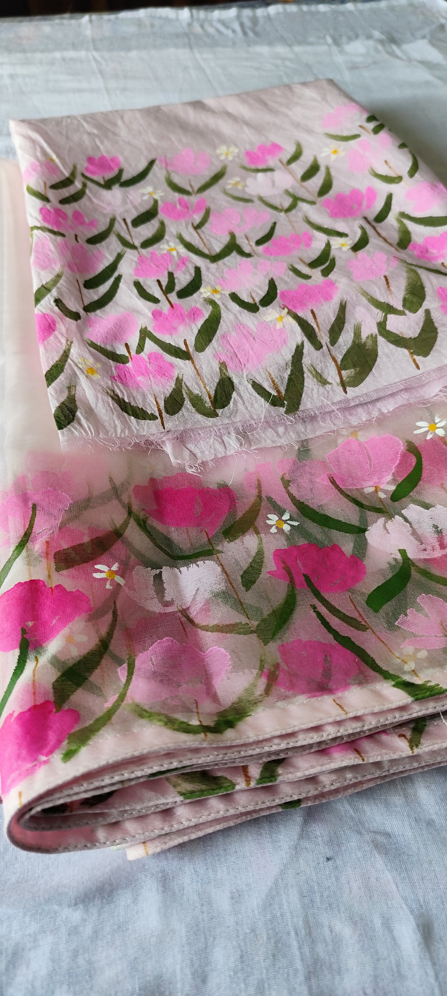 Hand painted pink blossoms on chanderi suit with organza dupatta