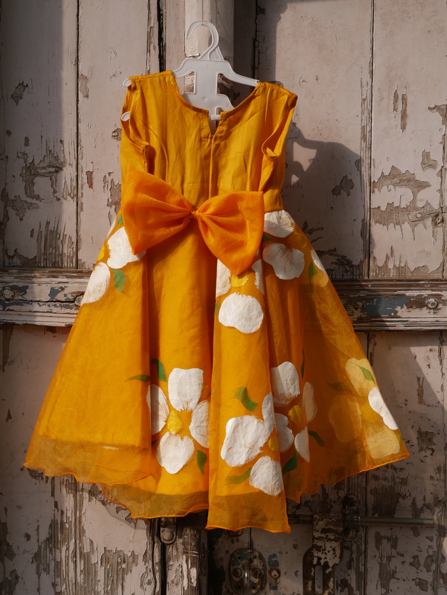 Yellow handpainted  toddler organza frock