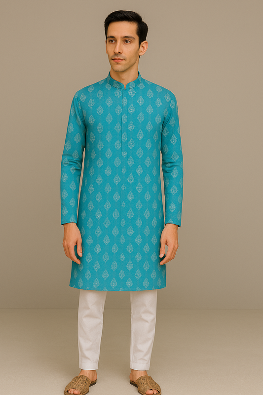 Blue handblock kurta pajama for men