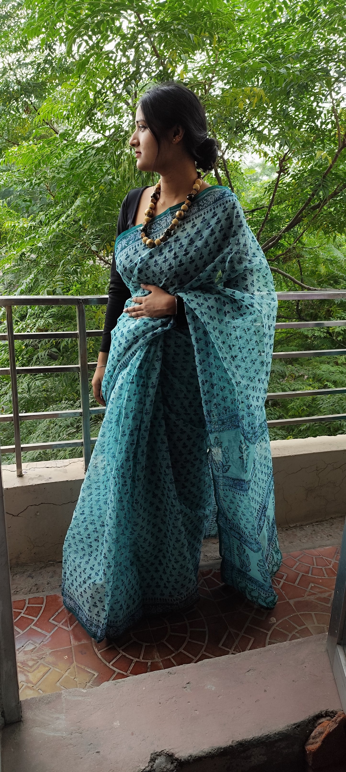 Blue Hand block pure kota saree with tassels